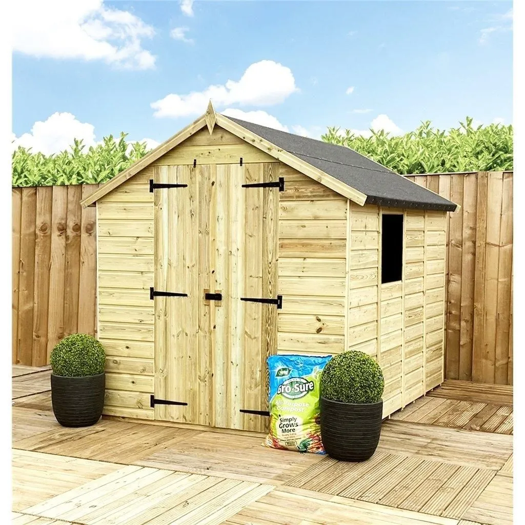 Marlborough 7 x 6 Pressure Treated Low Eaves Apex Garden Shed with Double Door in Natural