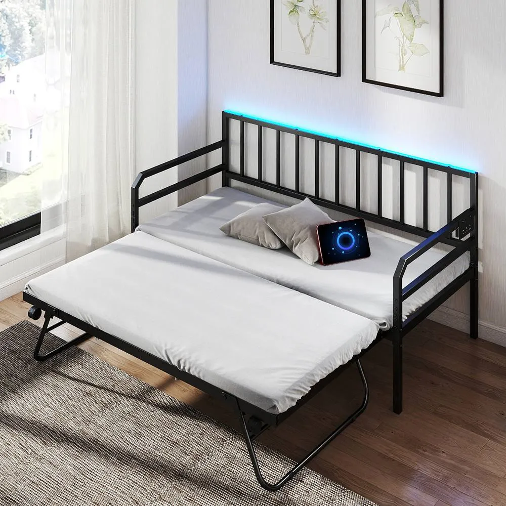 Costway Single Size Daybed with Charging Station & LED Lights in Black