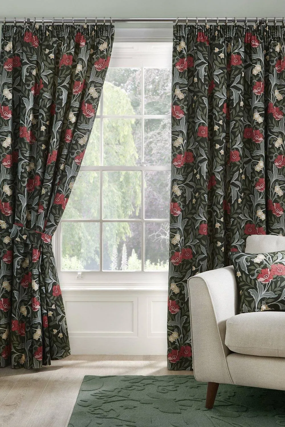 Dreams & Drapes 'Sandringham' 100% Cotton Pair of Pencil Pleat Curtains With Tie-Backs in Green 1