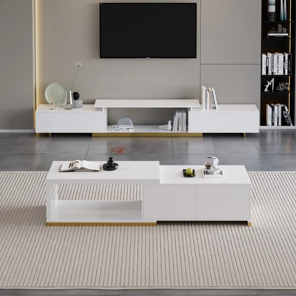 Living Room Cabinet Set Rectangle Glossy White Extendable TV Stand & 1798 mm Glossy White Coffee Table Set