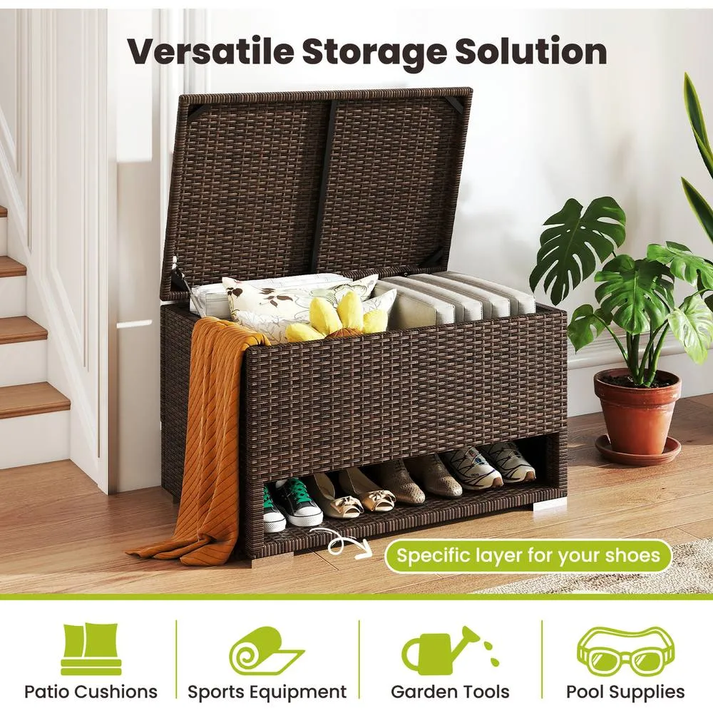 Costway Deck Box 180L PE Rattan Storage Bin with Shoe Rack-Mix Brown 3