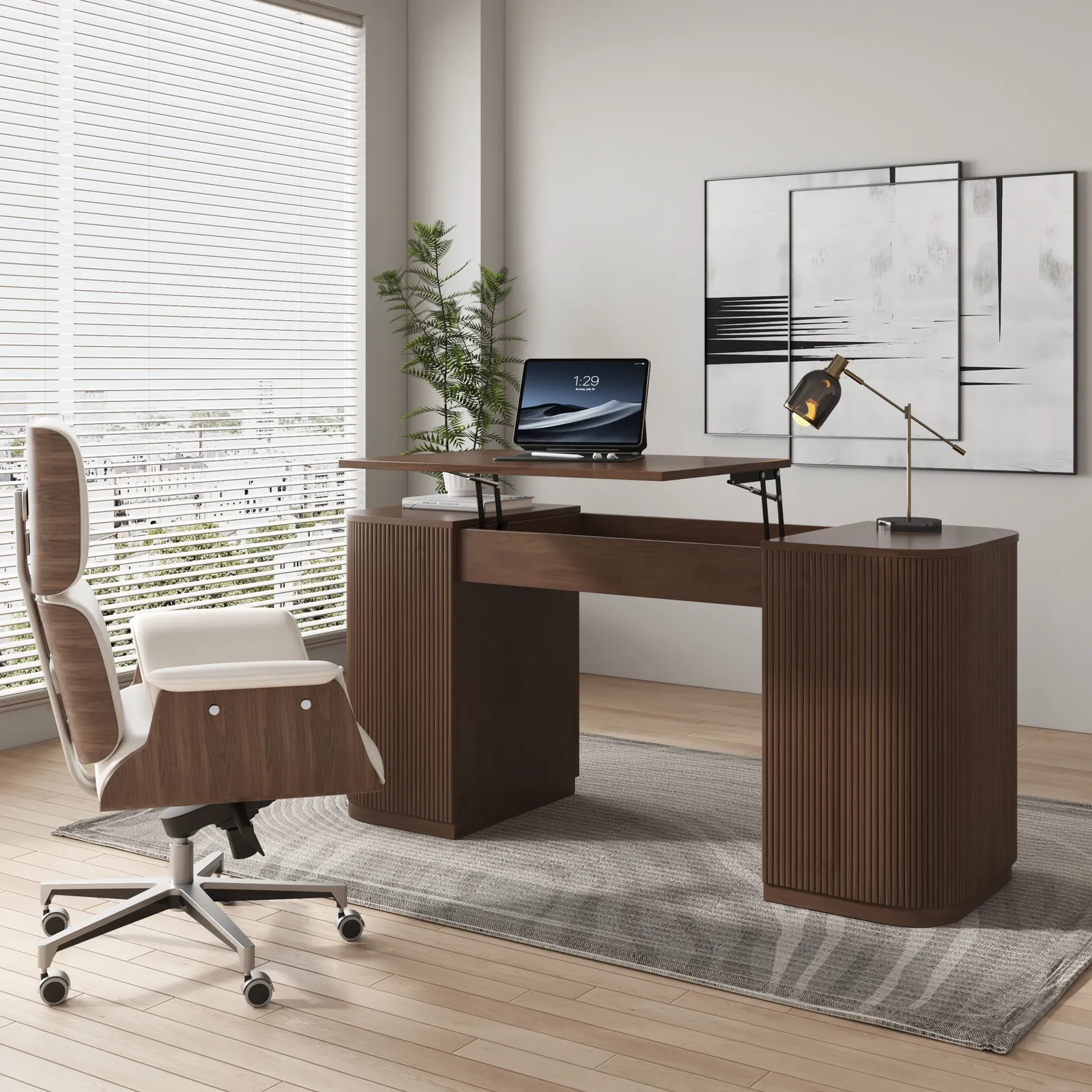 Modern Walnut Standing Computer Desk & Upholstered Swivel Task Chair Set (1500mm )
