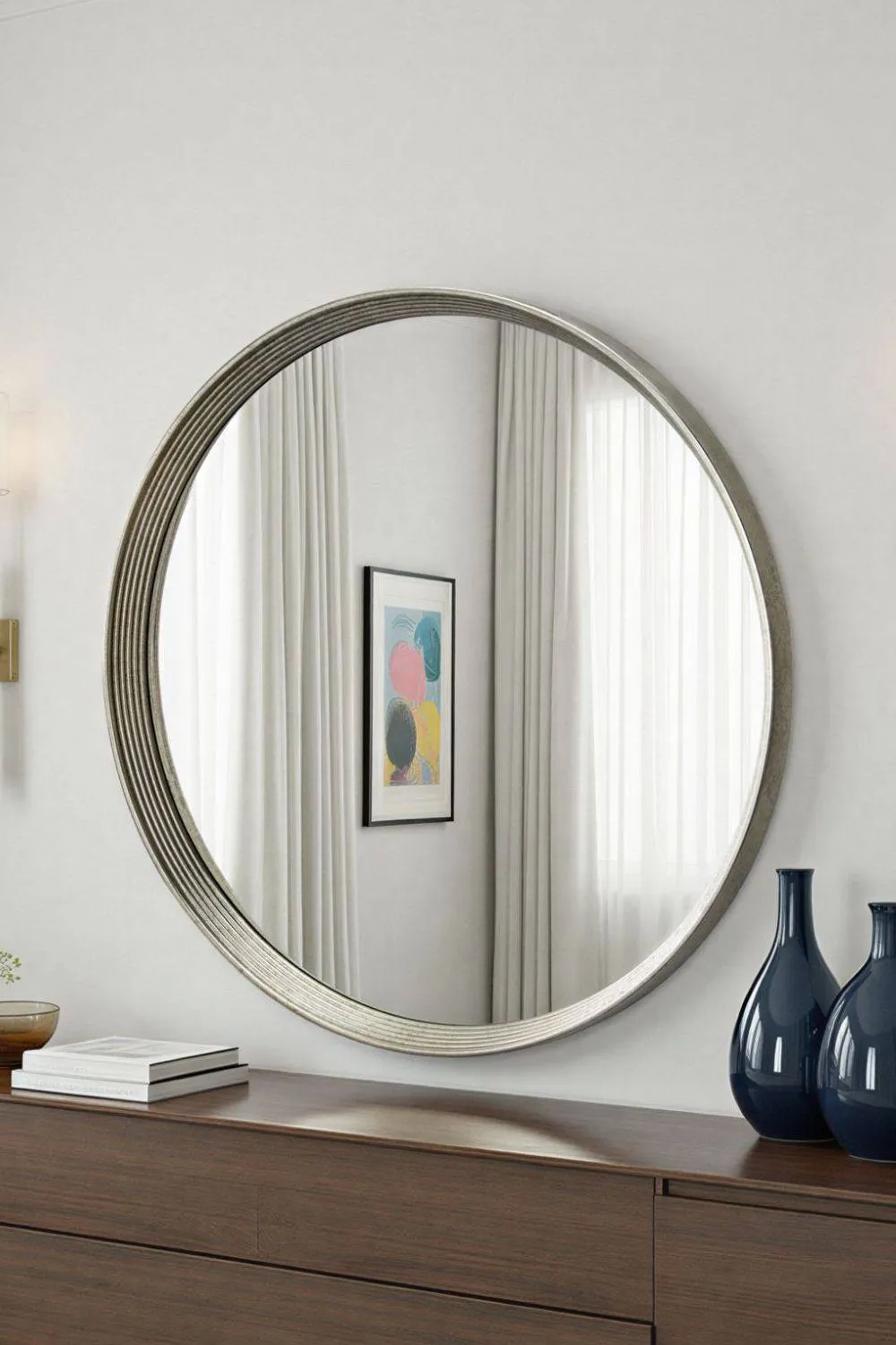 Yearn Mirrors Willow Silver Large Round Contemporary Mirror Bevelled in Metallic Silver