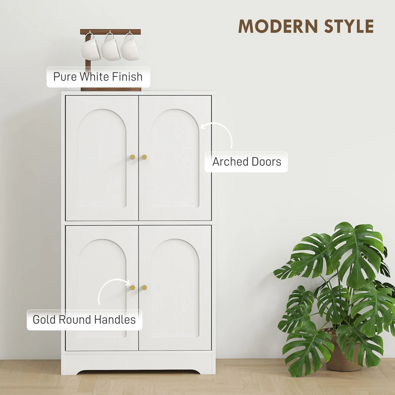 HOMCOM 110cm Kitchen Cupboard with 4 Arched Doors & 2 Adjustable Shelves in White 4