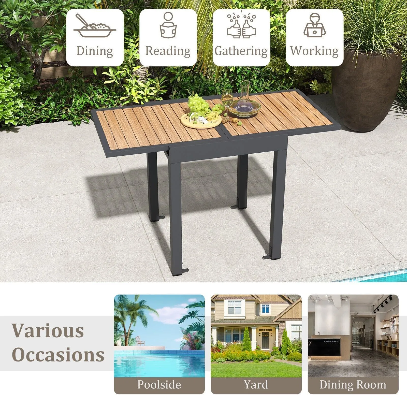 Costway 4-6 People Extendable Patio Dining Table Wood-like Rectangular Aluminum Table in Brown 6
