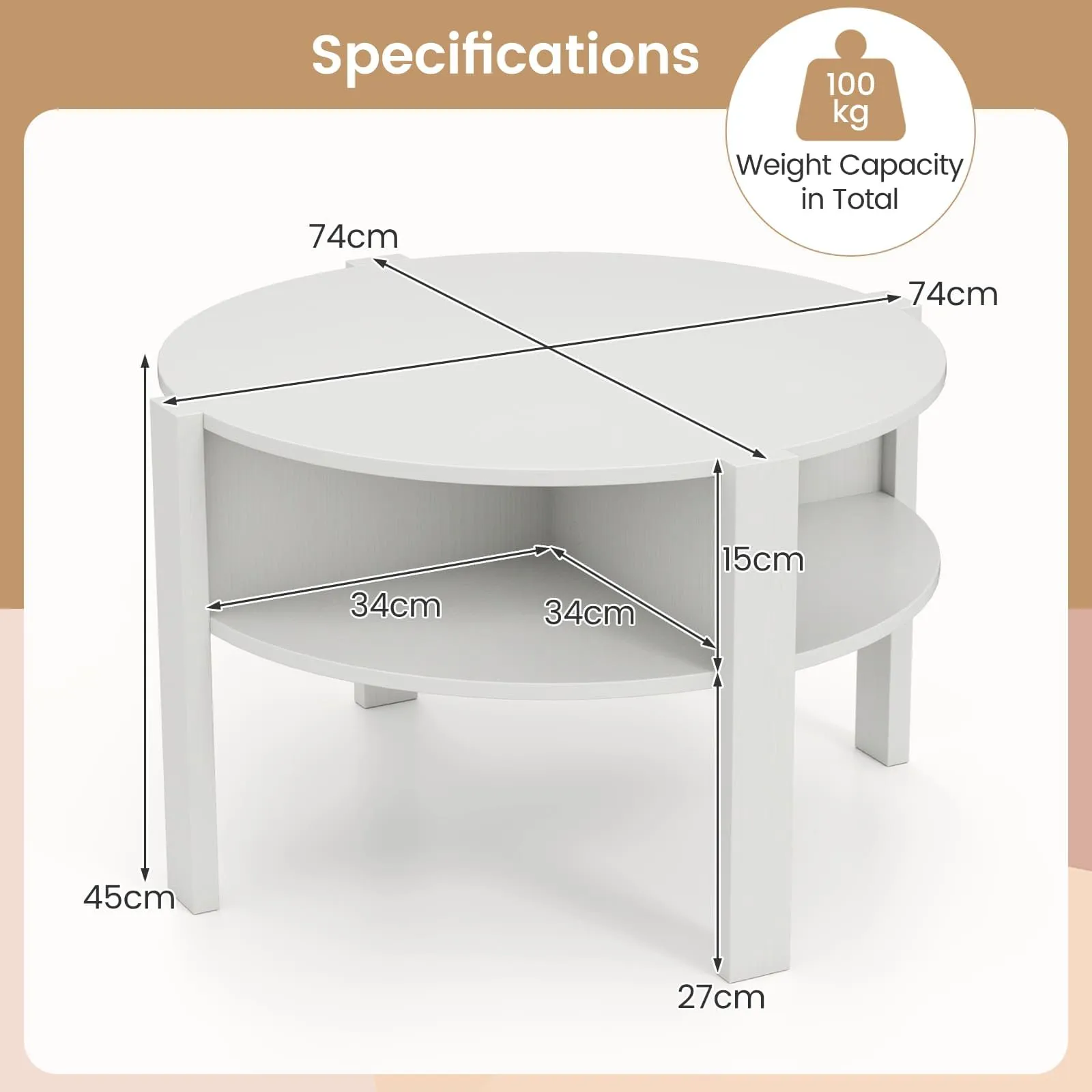 Costway 2-Tier Round Coffee Table 74cm Tea Cocktail Table w/ Storage in White 2