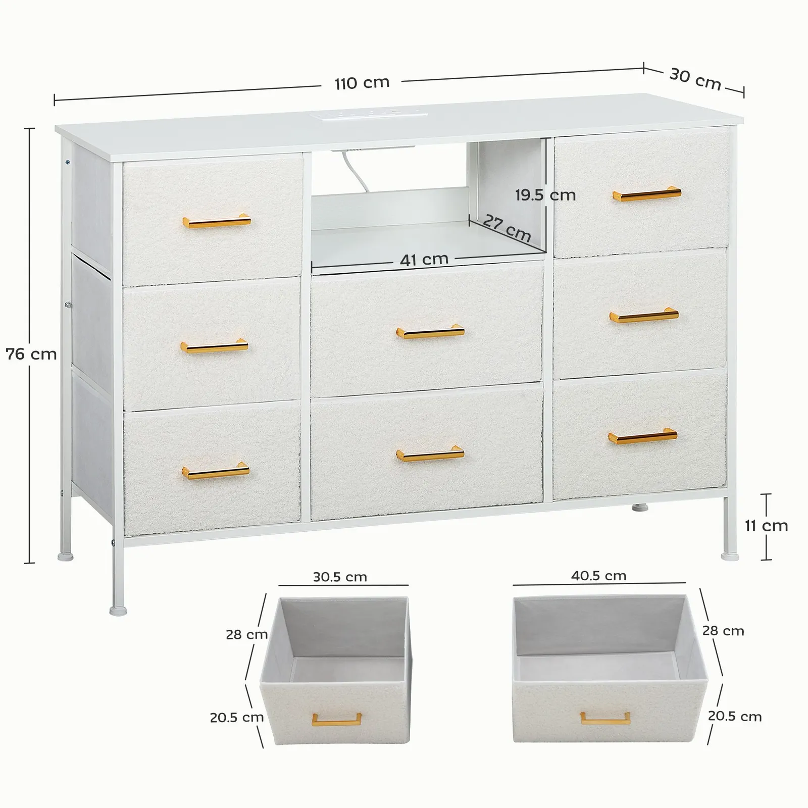 HOMCOM Boucle Chest of Drawers, 2 USB & 2 AC Ports, 8 Drawers Dresser in White 3