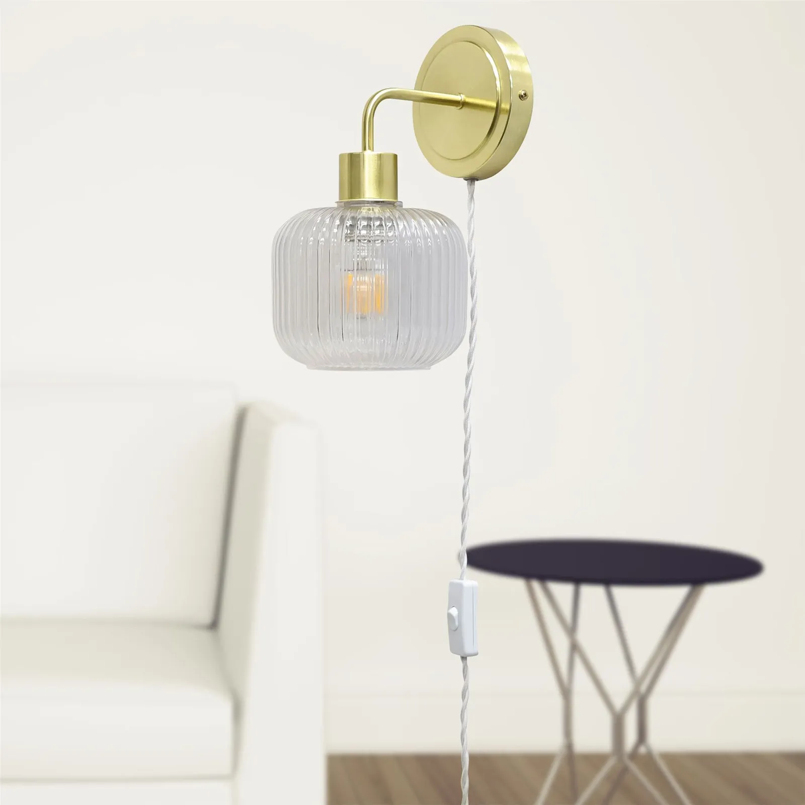 First Choice Lighting Set of 2 Toby - Satin Brass Plug in Wall Lights Ribbed Glass Shades in Gold 5