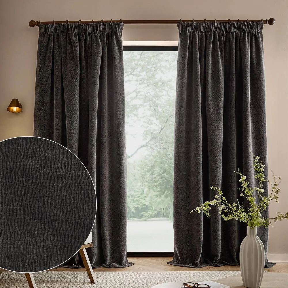 Yard Heath Washed Velvet Fully Lined Pencil Pleat Curtain Pair in Charcoal 1