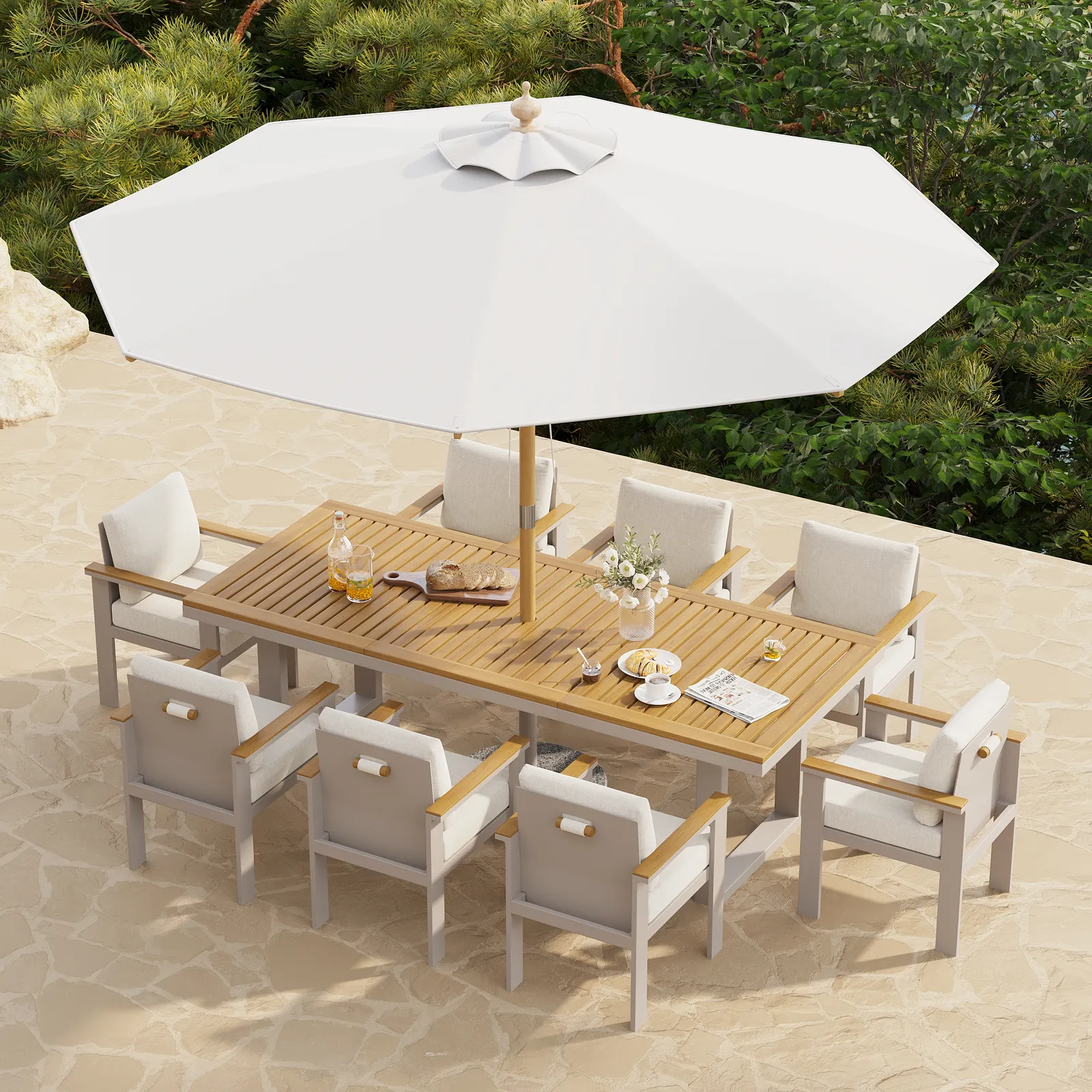 Tevara 10 Pieces Rectangle Wood & Aluminium Outdoor Patio Dining Set with Central Pillar Umbrella