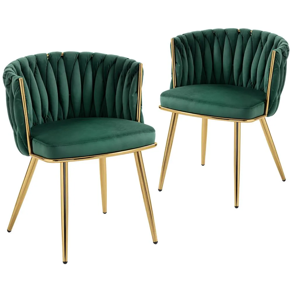 HOMCOM Upholstered Kitchen Chairs Set of 2 with Woven Backrest in Dark Green 2