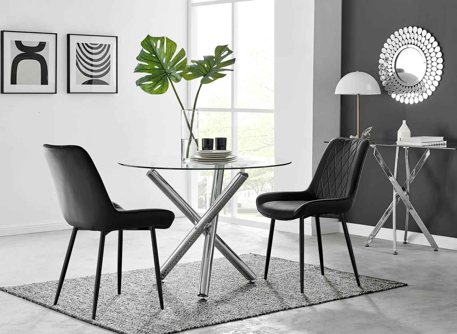 FurnitureboxUK Selina Round Glass Chrome Leg Dining Table & Pesaro Black Leg Chairs 1