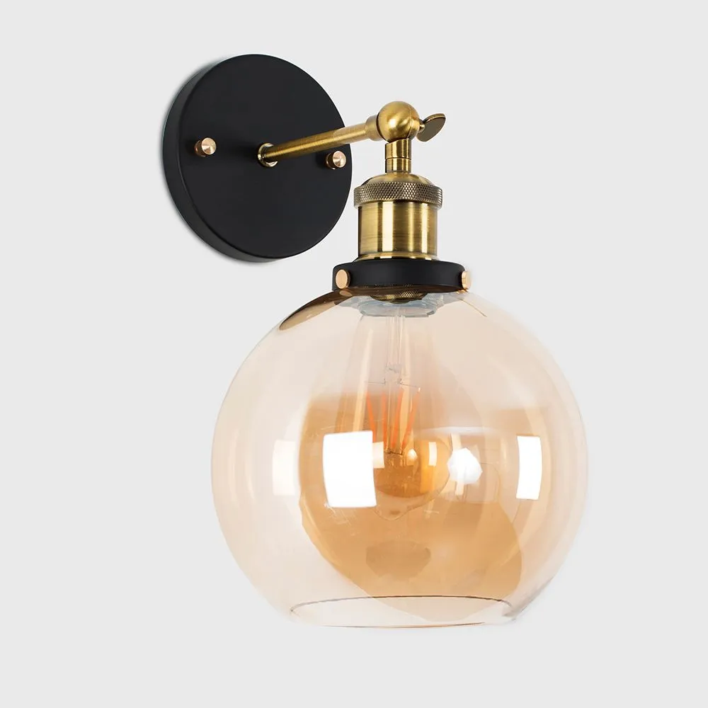 ValueLights Sheridan Pair of Industrial Amber Glass Bowl Gold Trim Black Wall Lights in Orange 4