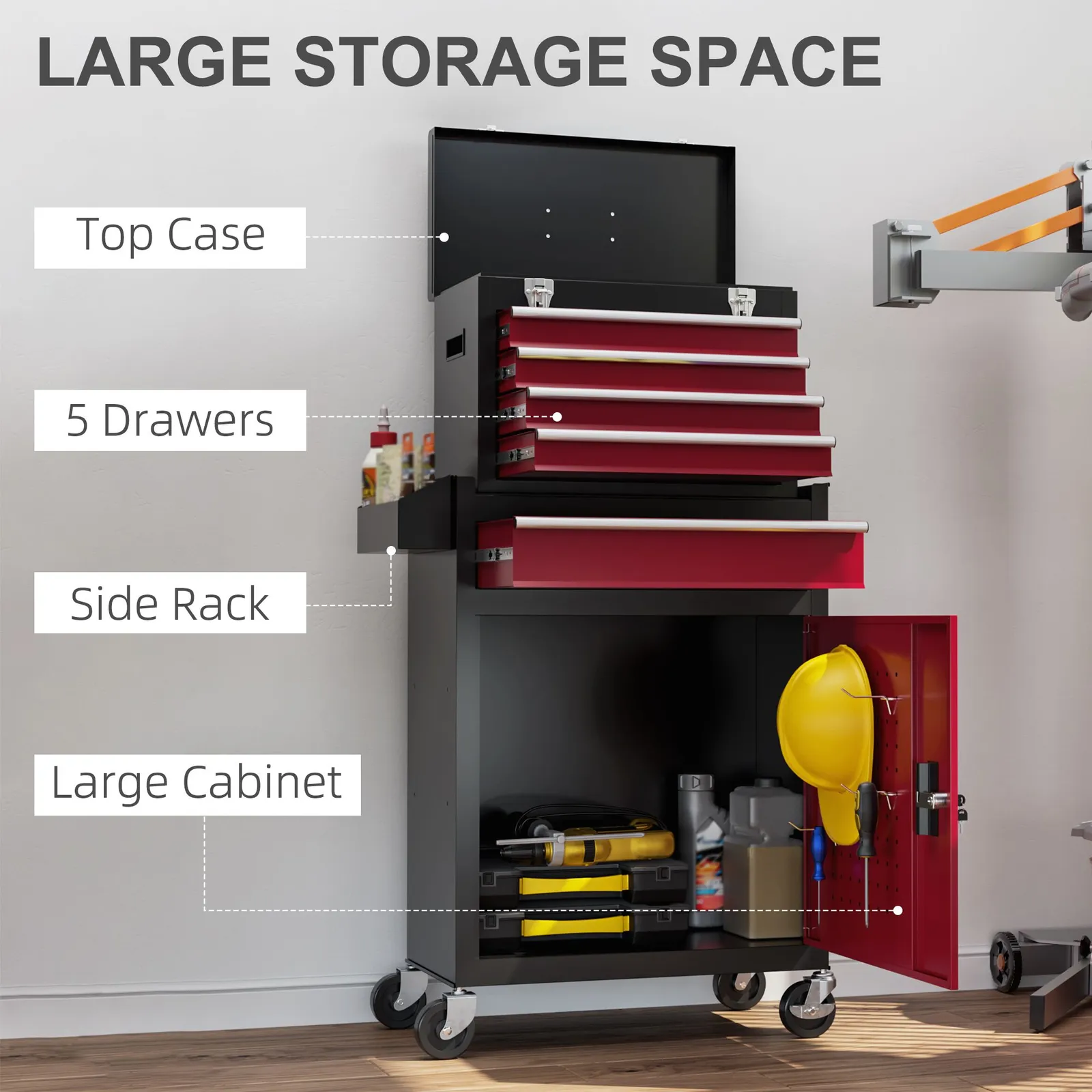 HOMCOM Rolling Tool Cabinet with 5 Drawers Lockable Cabinet Tool in Red 4