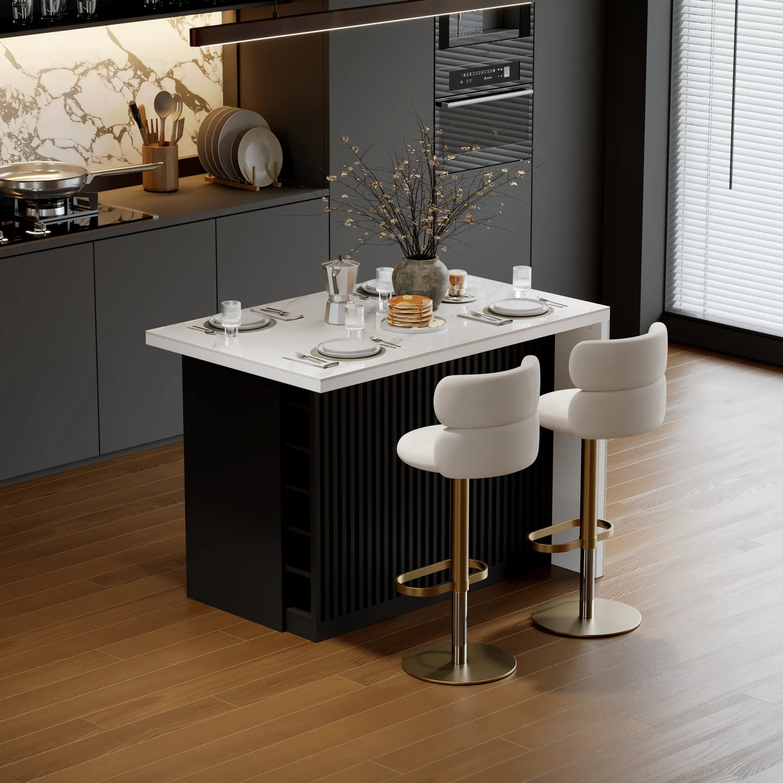 Modern 127 cm Glossy Sintered Stone Kitchen Island with Storage, White & Black