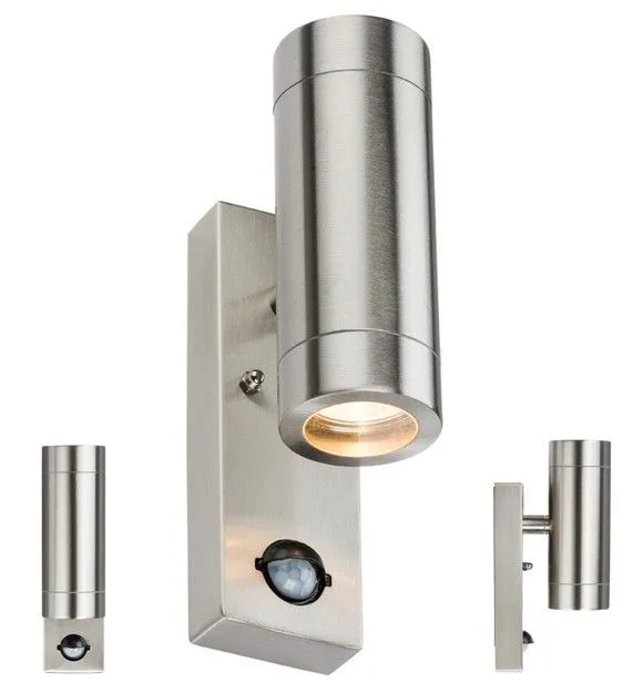 Netlighting Stainless Steel UpDown Wall Light with Pir 230V IP44 2 X GU10 in Grey
