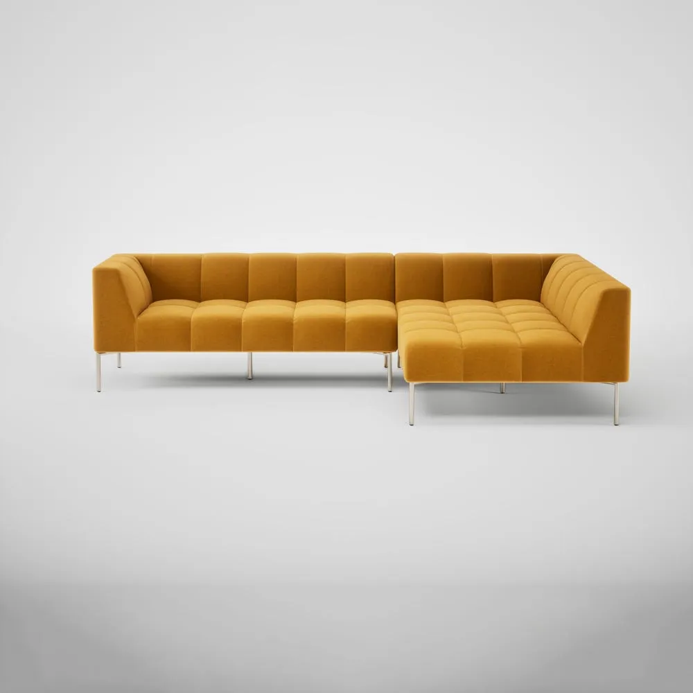 Heal's Quadro Right Hand Facing Chase Sofa Nobilis Velvet Mustard Stainless Steel Feet 1