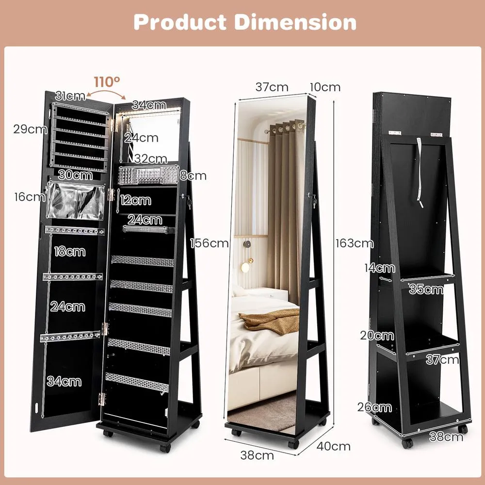 Costway 3-in-1 Jewelry Cabinet 360° Swivel Mirror Jewelry Armoire in Black 2