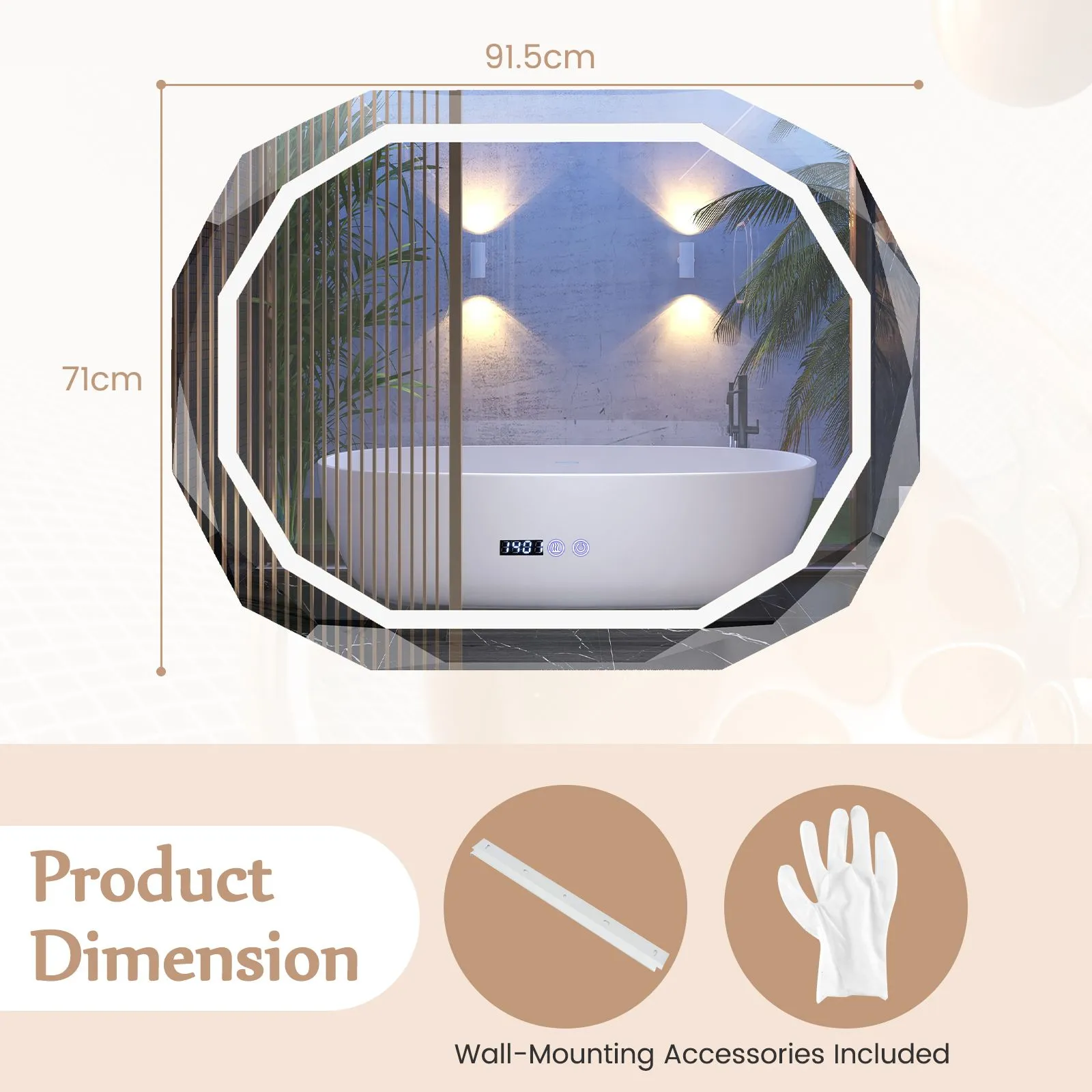 Costway LED Bathroom Mirror Single Beveled Edge Anti-Fog Mirror with 3 Color LED Light in Silver 6