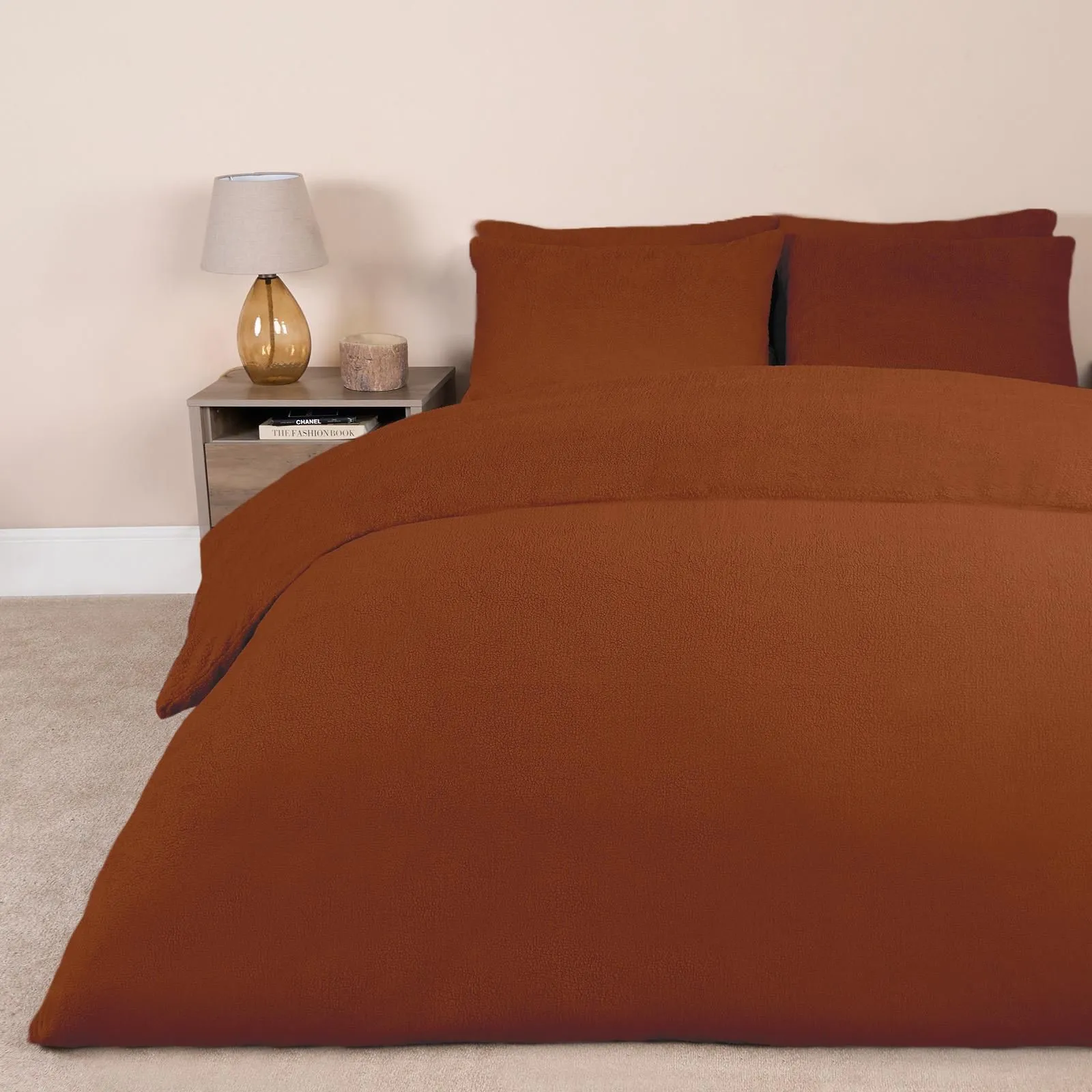 OHS Thermal Soft Teddy Fleece Duvet Cover Bedding Set in Burnt Orange