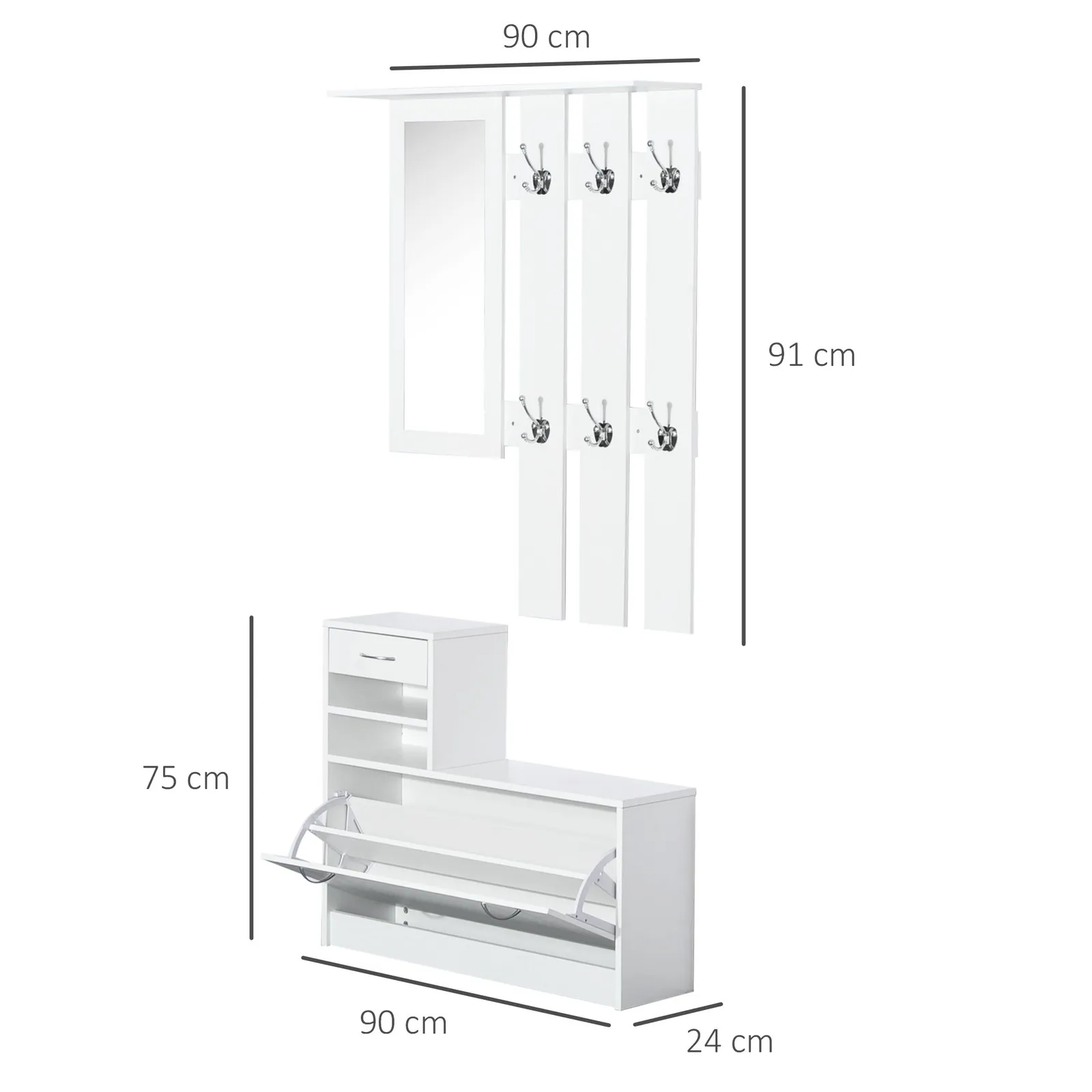 HOMCOM Entryway Organizer Shoe Storage Space Saving Mirror Chest Wardrobe in White 3