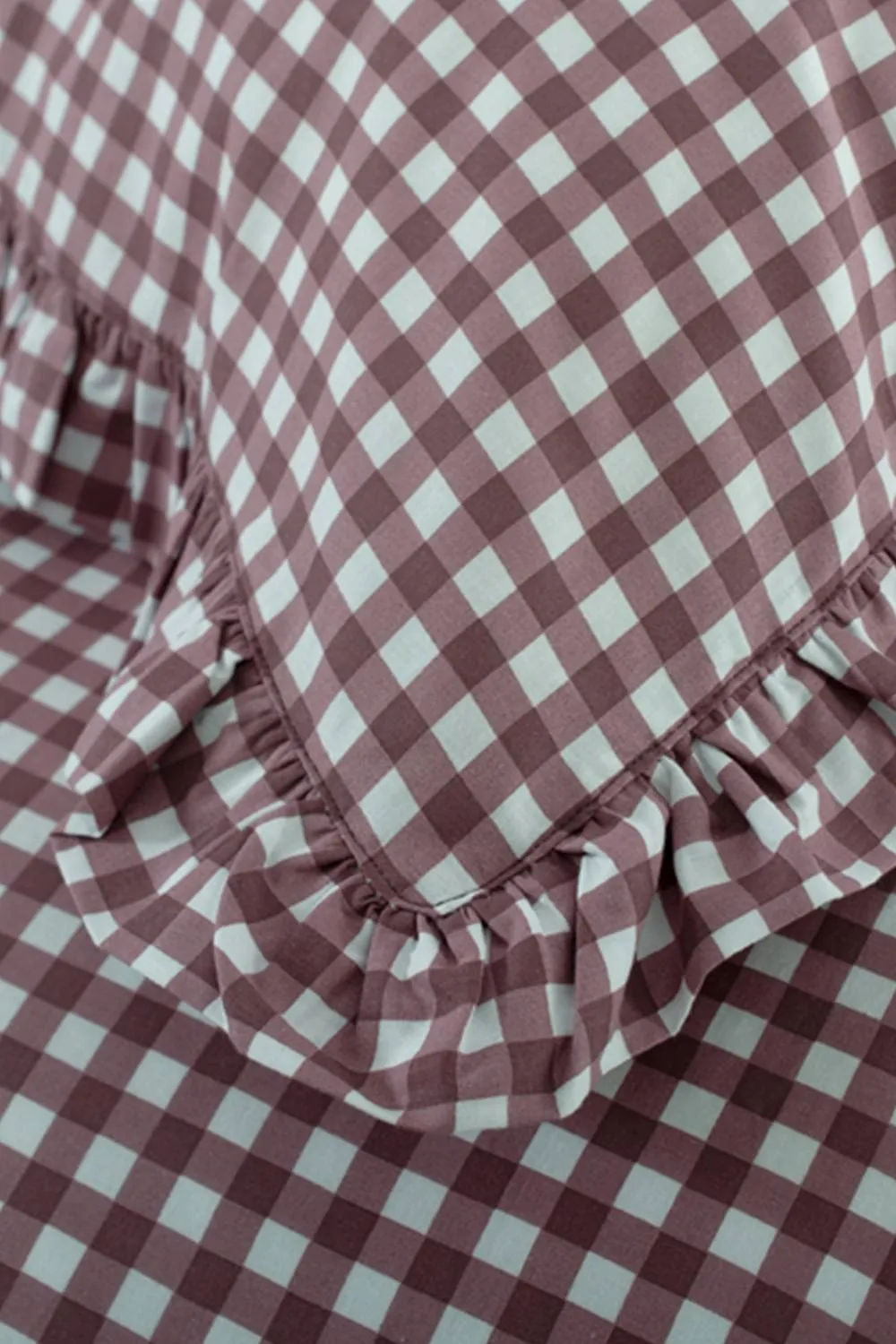 The Lyndon Company Gingham Frilled Cotton Duvet Set Printed with Frill Detailing in Burgundy 3