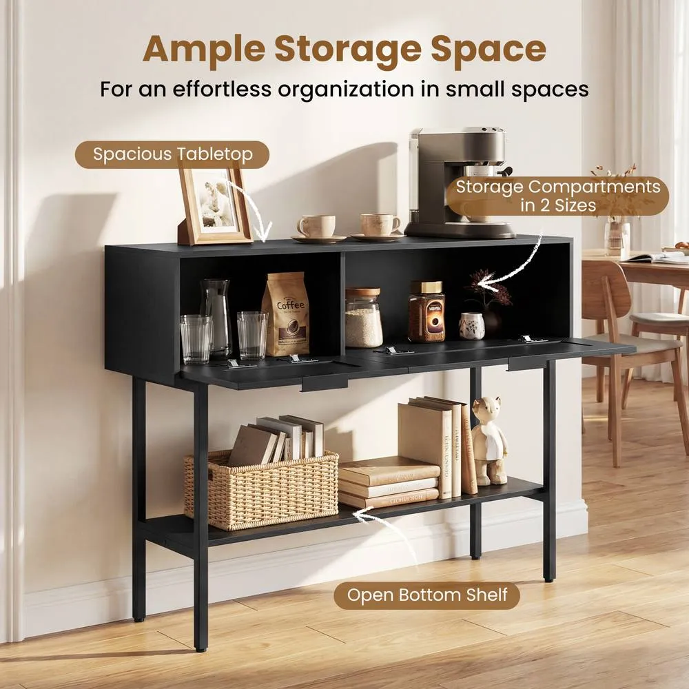Costway Rattan Console Table Boho Entryway Table w/ Flip Doors & Open Shelf in Black 5