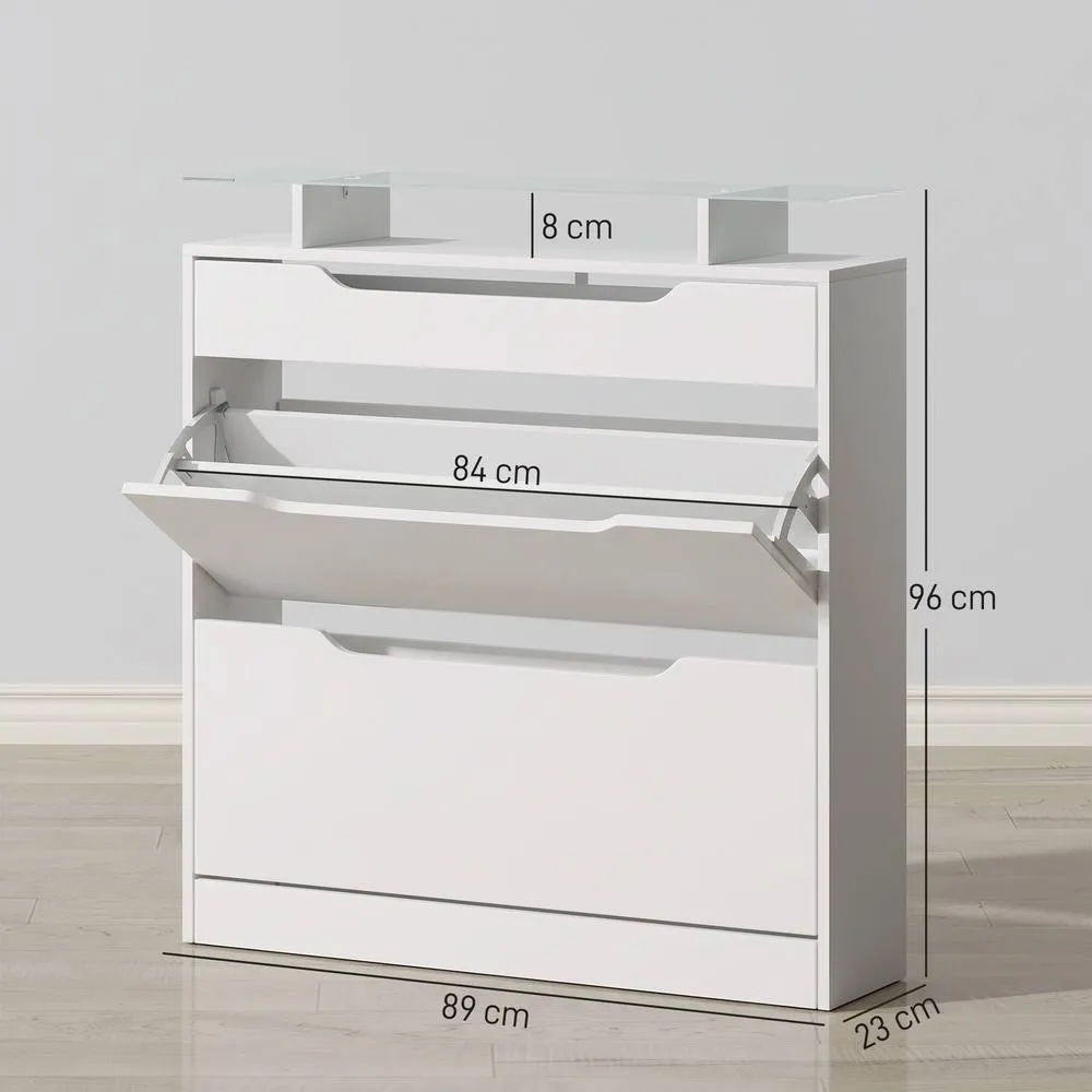 HOMCOM Shoe Cabinet with 3 Drawers, High Gloss Front Panels, Glass Top White 3