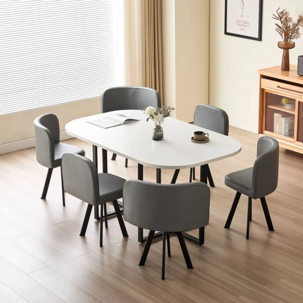 Comfy Living Ltd White 150cm Square Dining Table Set with 6 Grey Chairs