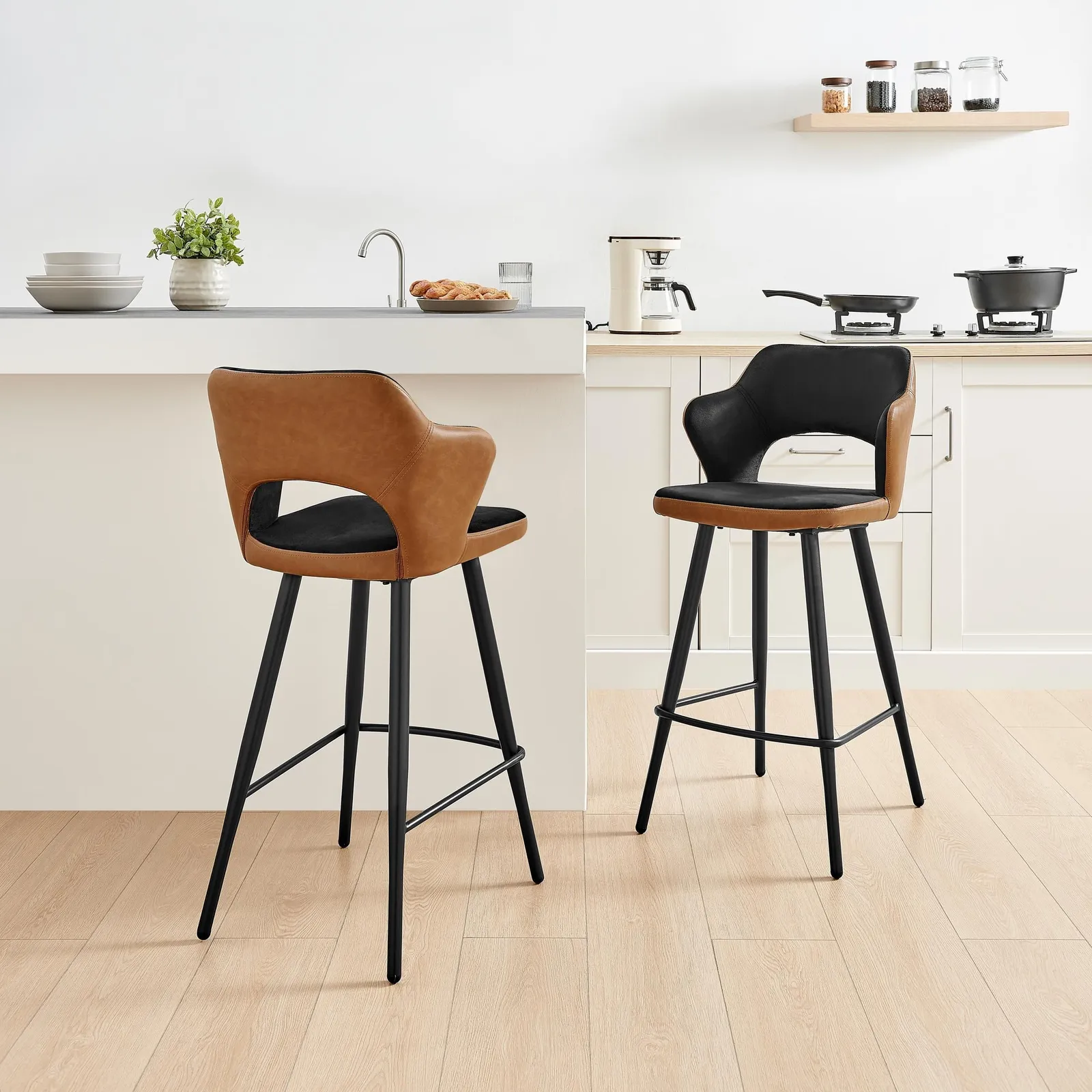FurnitureboxUK Kai 2x Black Velvet Tan Faux Leather Black Leg Counter Stools