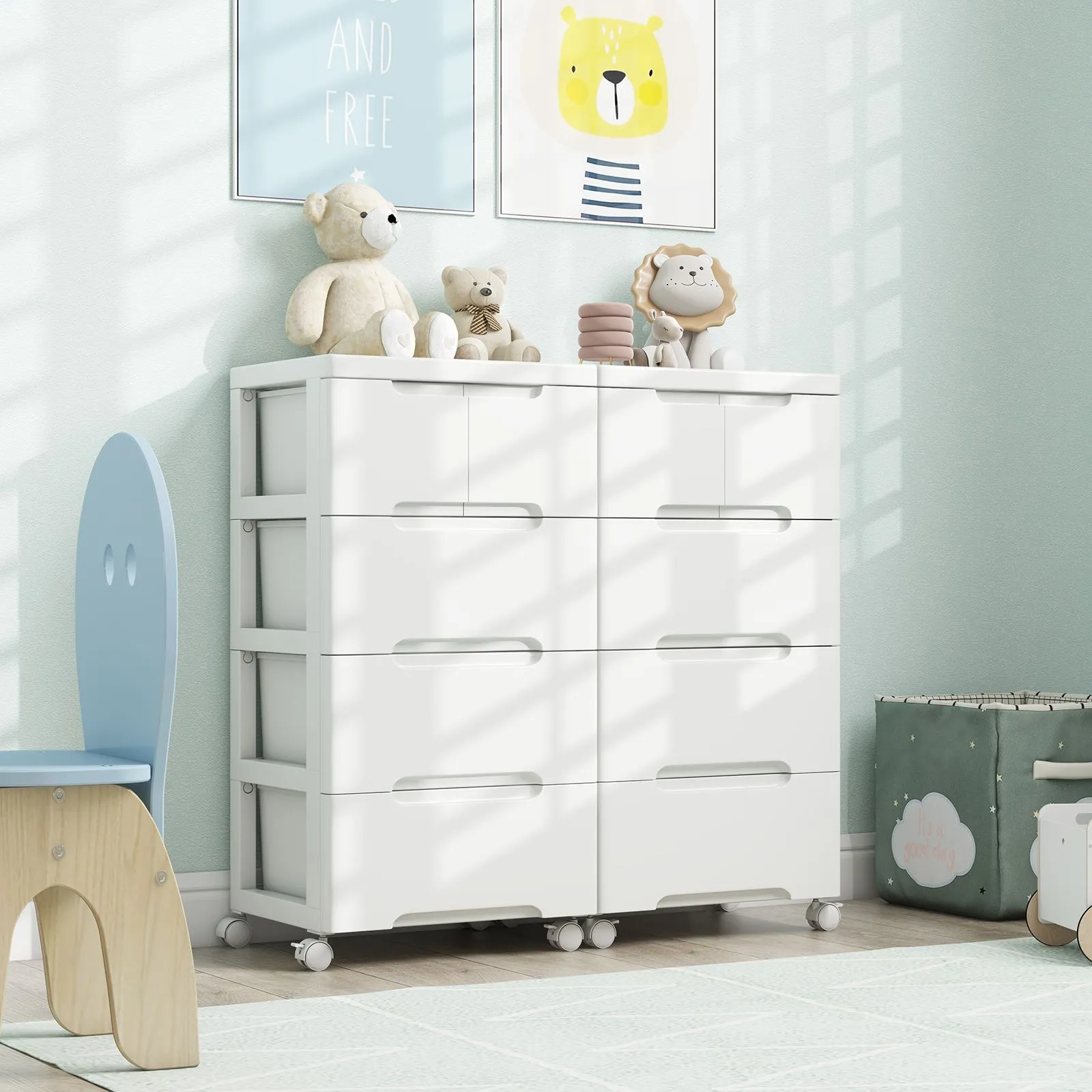 Costway 5-Drawer Rolling Cabinet Plastic Storage Cart 4-tier Drawer Dresser w/ Wheels in White 4