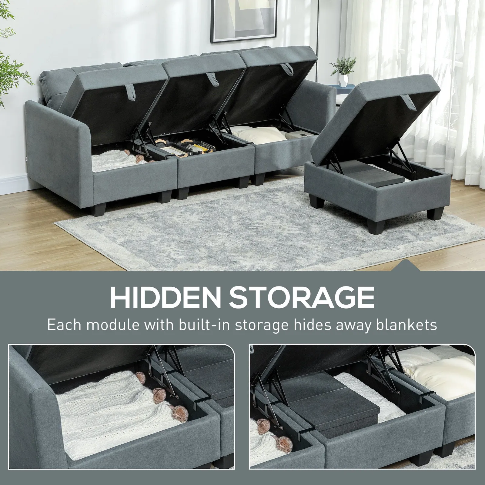 HOMCOM Convertible Modular Sectional Sofa w/ Storage Wood Frame Dark Grey 6