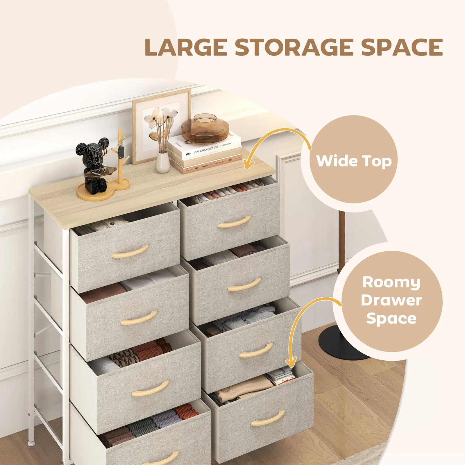 HOMCOM 8 Drawer Fabric Chest of Drawers w/ Wooden Top for Hallway in Natural 4