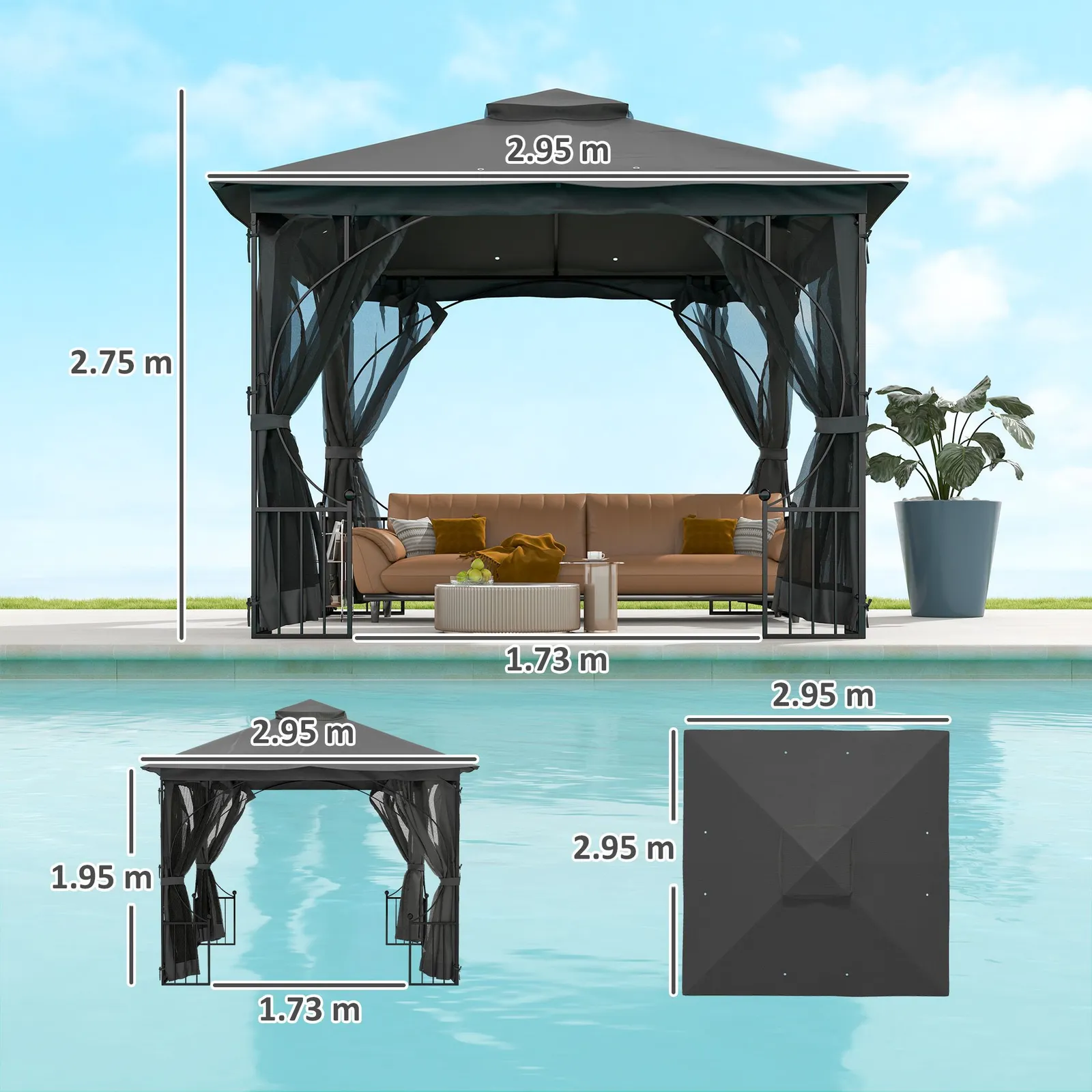 OUTSUNNY Gazebo Party Tent Canopy Sun Shade for Patio Garden 3x3(m) in Dark Grey 3