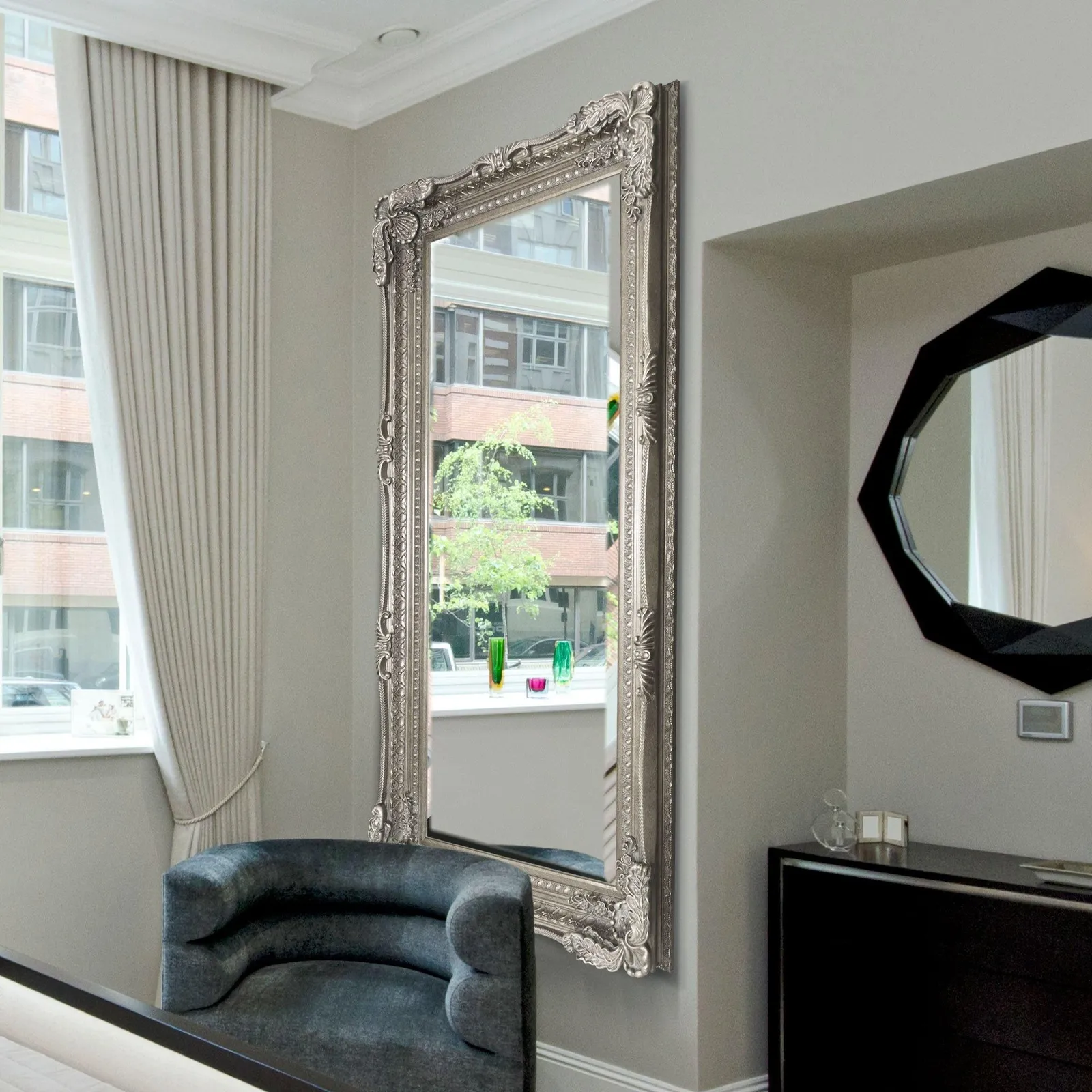 MirrorOutlet 'Carved Louis' Silver Antique Style Dress Full Length Leaner Mirror 183 x 91cm 4