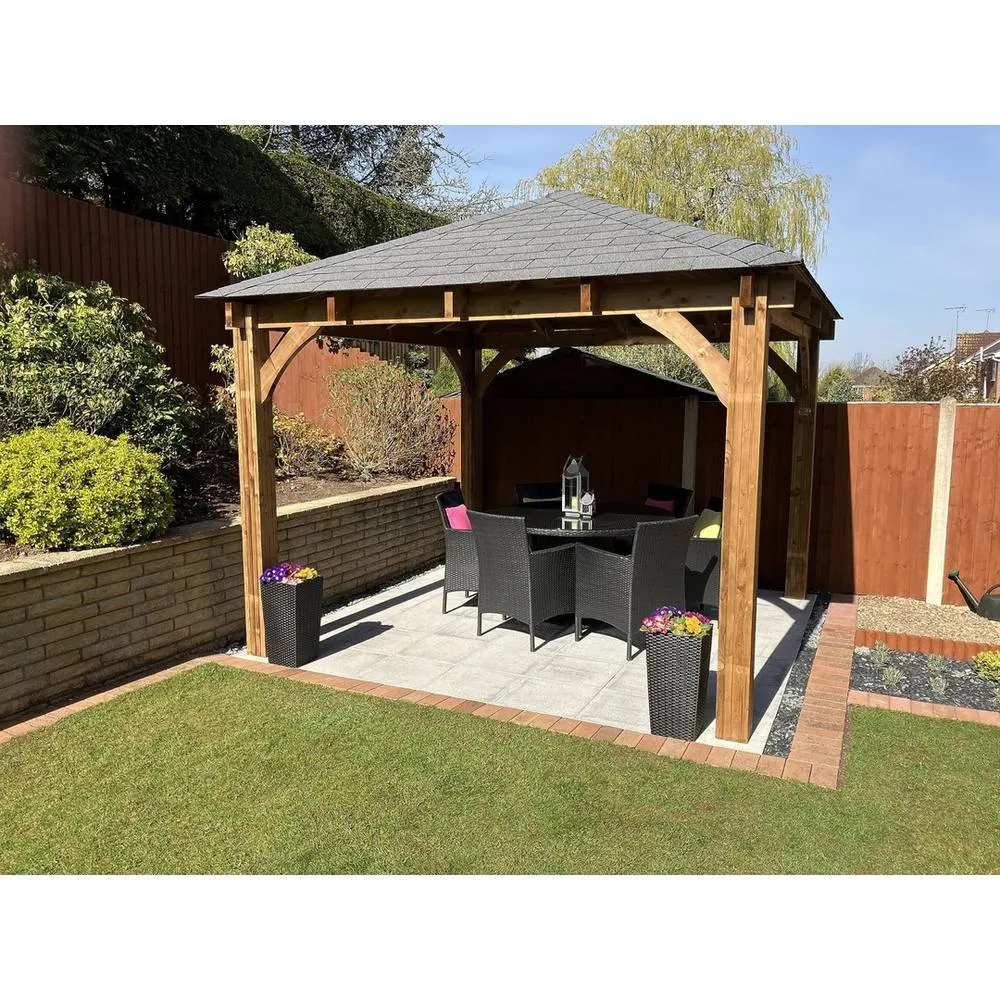 Dunster House Wooden Heavy Duty Gazebo 3x3m Pressure Treated Hot Tub, Roof Shingles, Leviathan in Brown 3