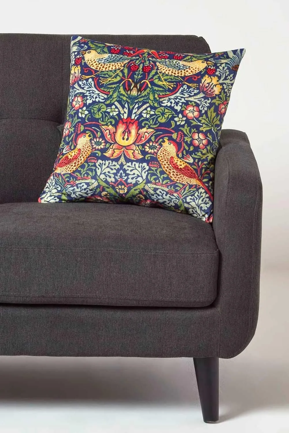 Homescapes William Morris Strawberry Thief Velvet Cushion in Navy 3