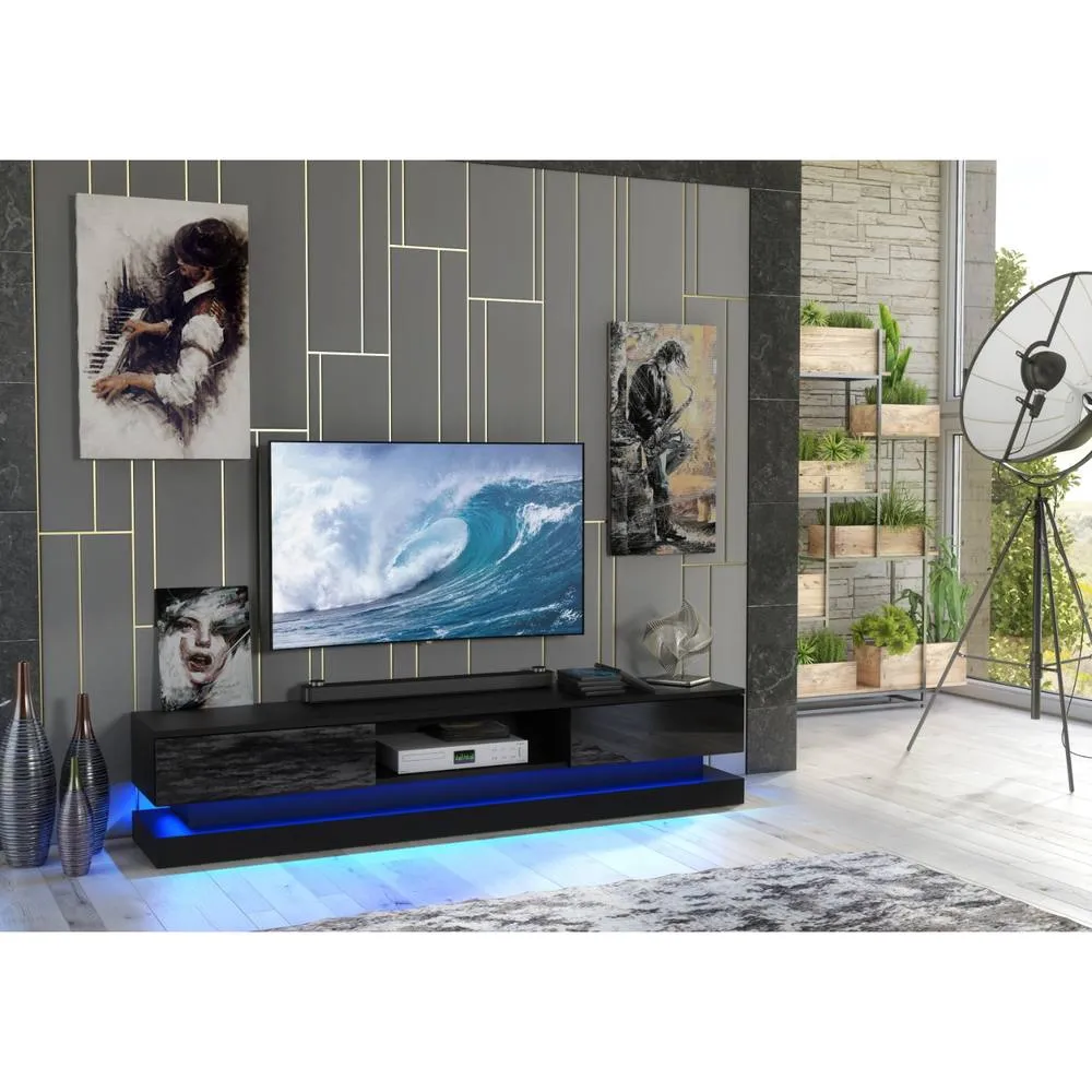 Creative Furniture Bloom TV Unit 180cm - Black with Gloss Doors & LED Lights 2