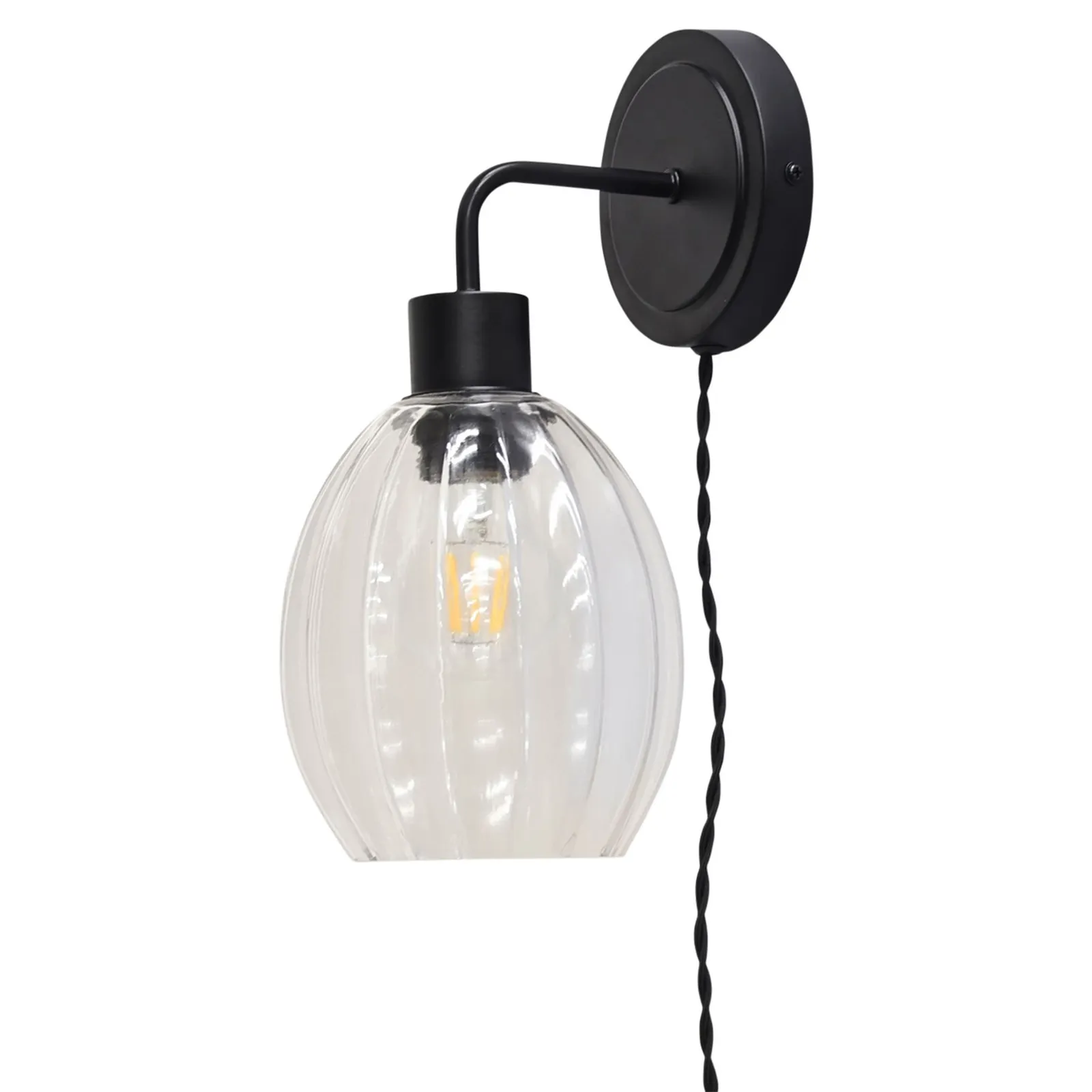 First Choice Lighting Set of 2 Toby - Black Plug in Wall Lights Fluted Glass Shades 3