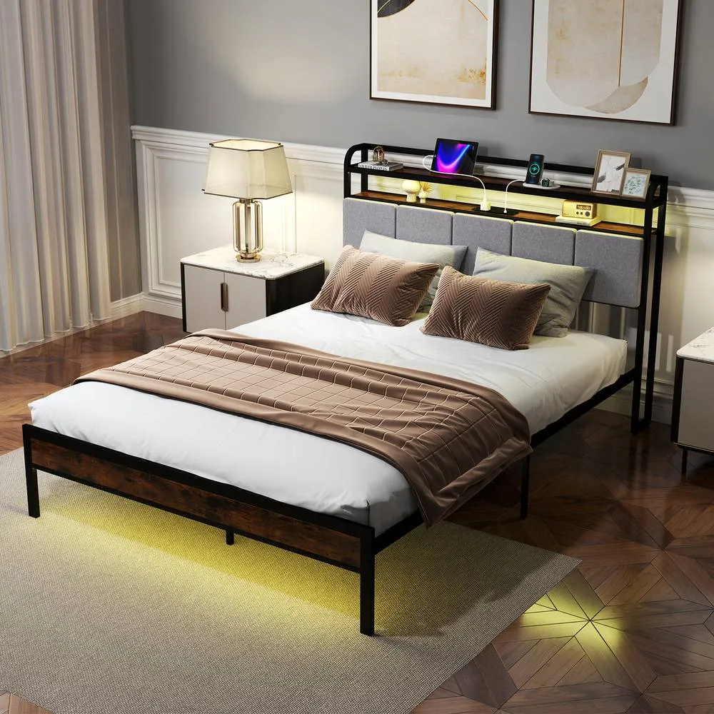 Costway King Size Bed Frame w/ LED Light & Charging Station-Brown in Brown 3