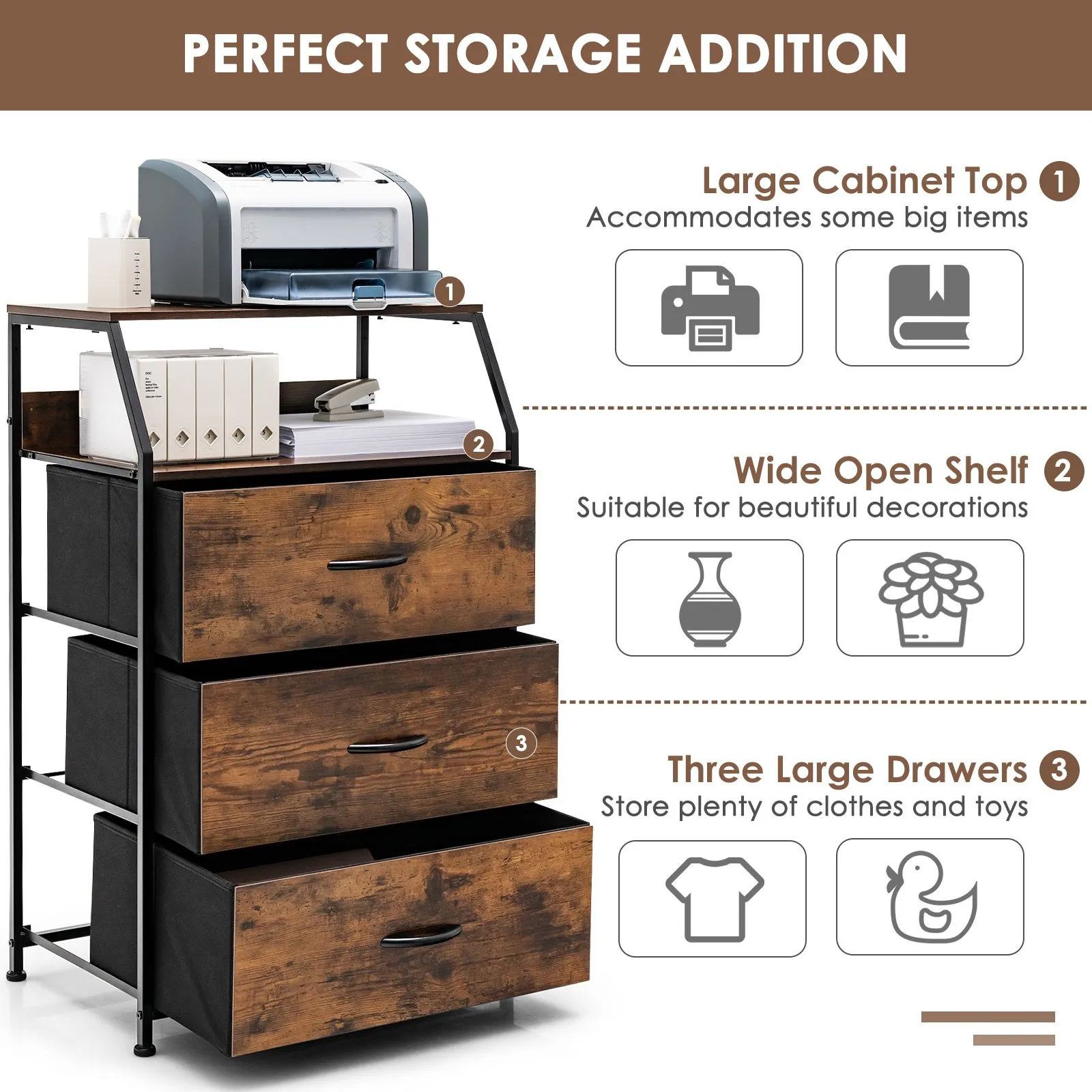 Costway 3 Drawer Dresser with with Top Shelf Foldable Drawer Chest Cabinet in Brown 5