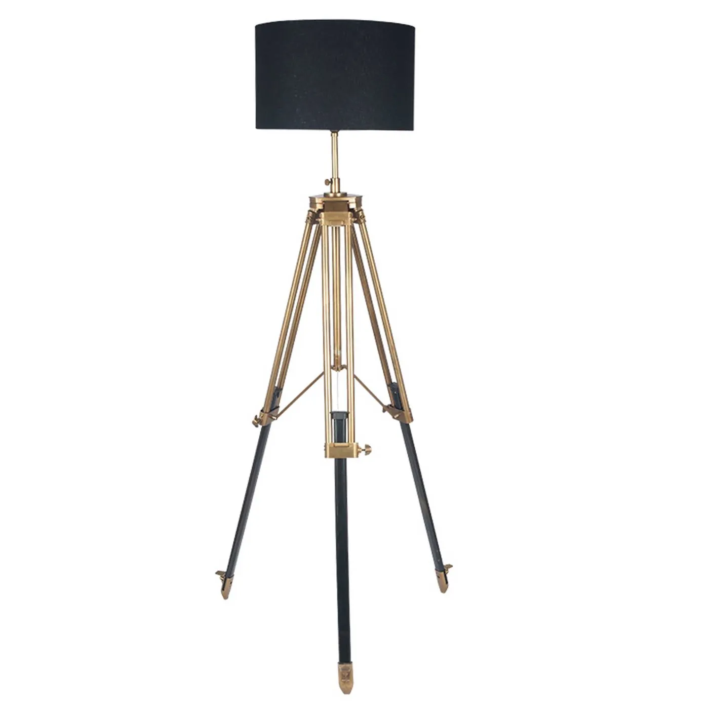 Antique Brass Tripod Floor Lamp, Dark Wood