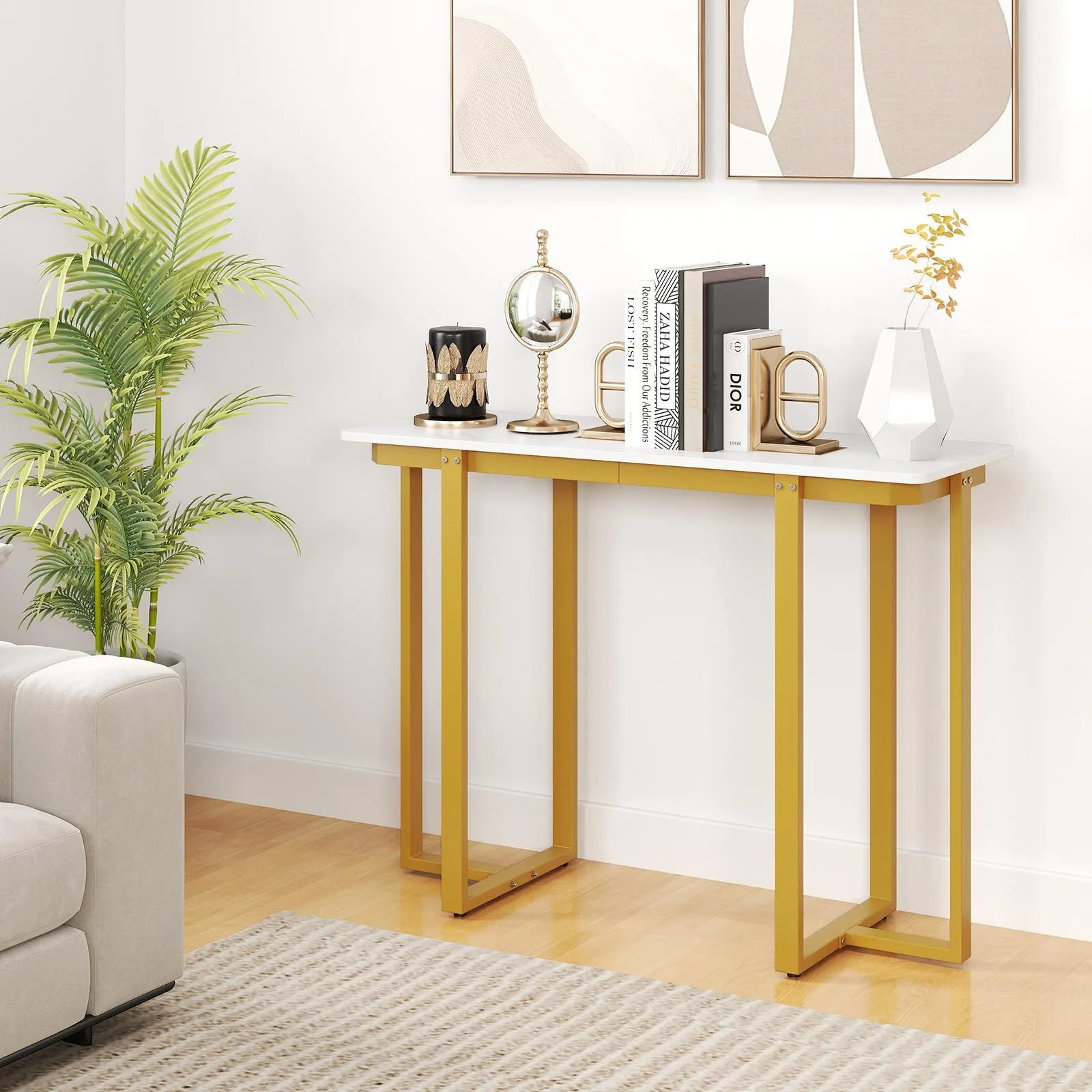 Costway Console Table Modern Faux Marble Entryway Table in White 5