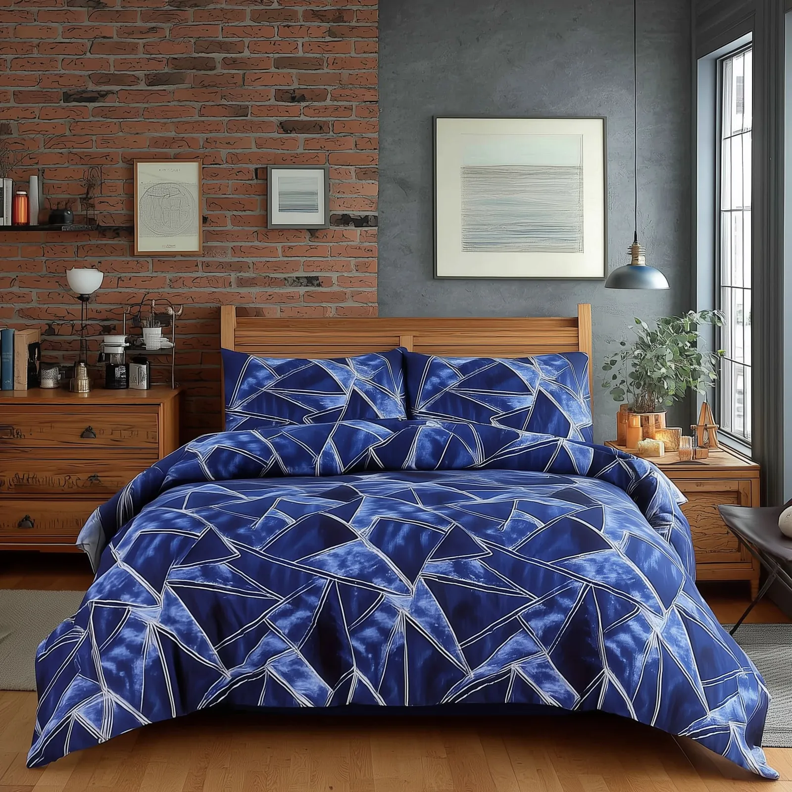 Snug City Duvet Cover & Pillowcase Set Triangle Design Polycotton Bed Linen in Blue