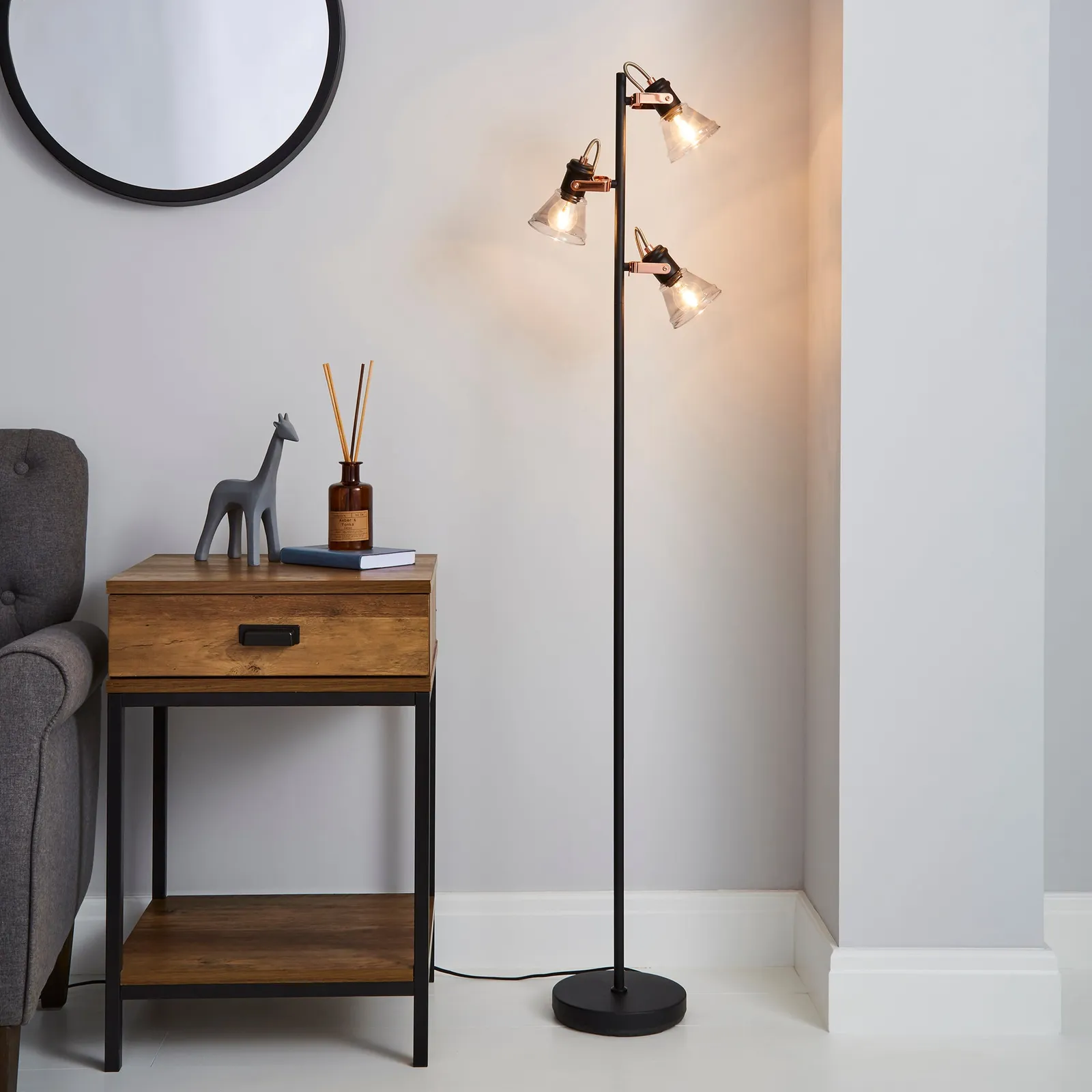 Milas 3 Light Black Industrial Floor Lamp Black