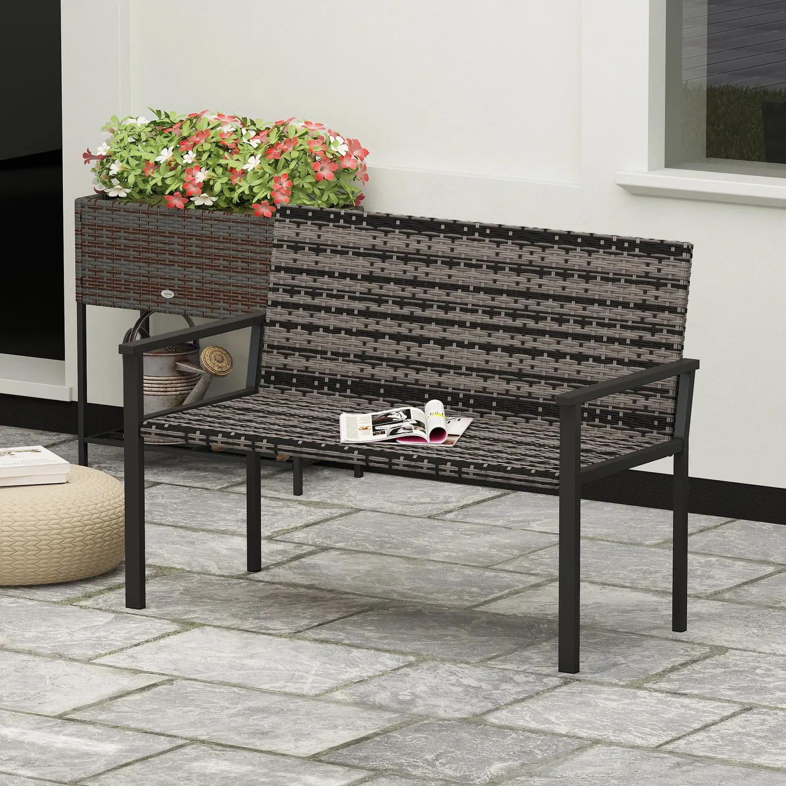 OUTSUNNY Rattan Garden Bench Loveseat with Quick-Drying Padding in Grey 1