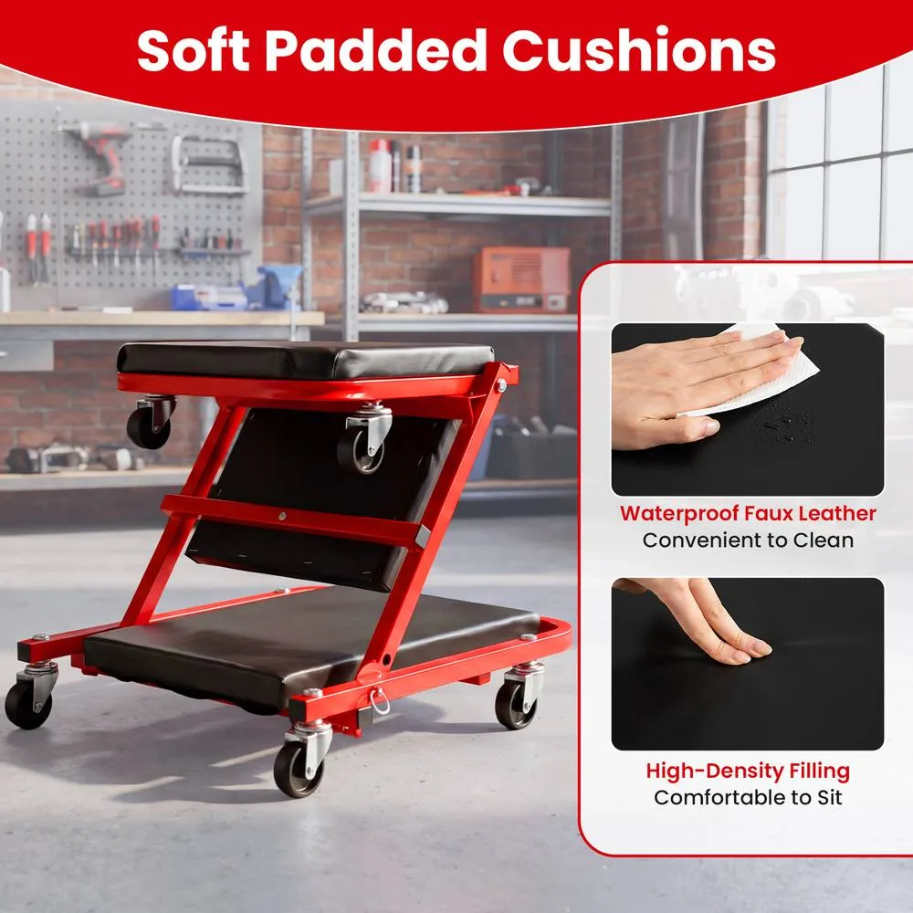 Costway 2-in-1 Rolling Folding Z Creeper Seat 36 Inch Roller Garage Chair in Red 5