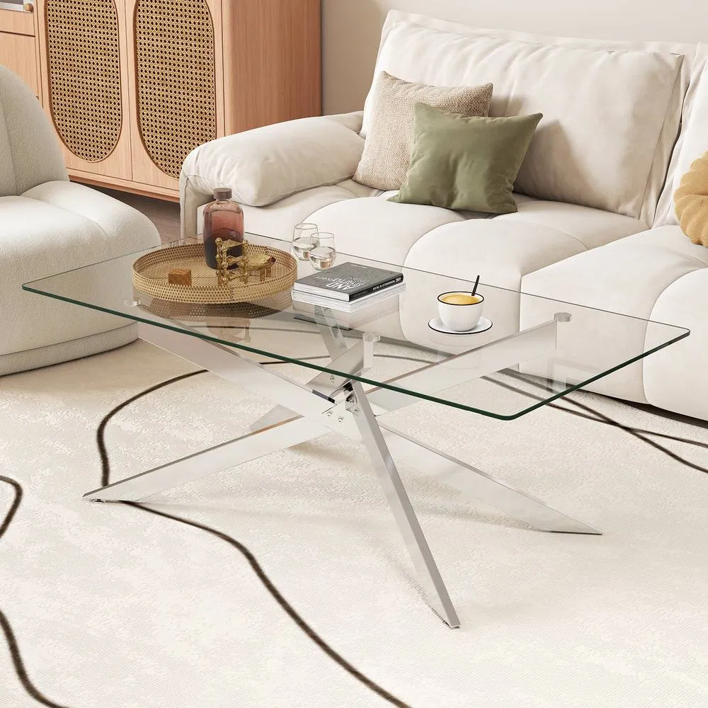 Costway Modern Glass Coffee Table Rectangle Center Cocktail Table Side Table in Silver 6