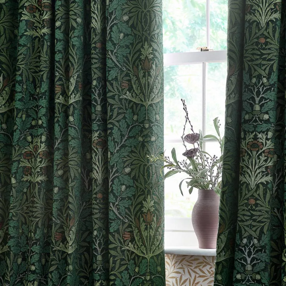 Morris & Co Acorn Multi Floral Jacquard Room Darkening Pencil Pleat Curtains in Green 3