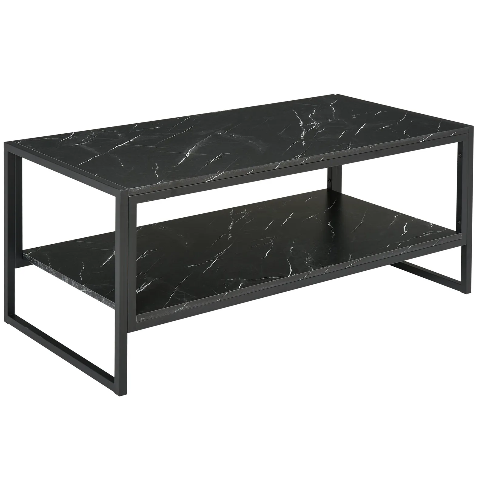 HOMCOM Elegant Two Tier Marble Effect Coffee Table Metal Frame in Black 2